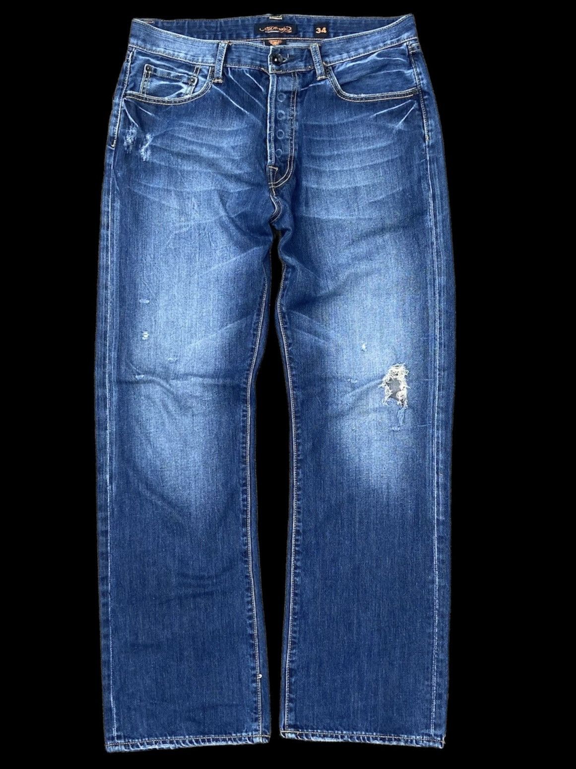 image of Christian Audigier x Ed Hardy Wide-Leg Distressed Denim in Blue, Men's (Size 34)