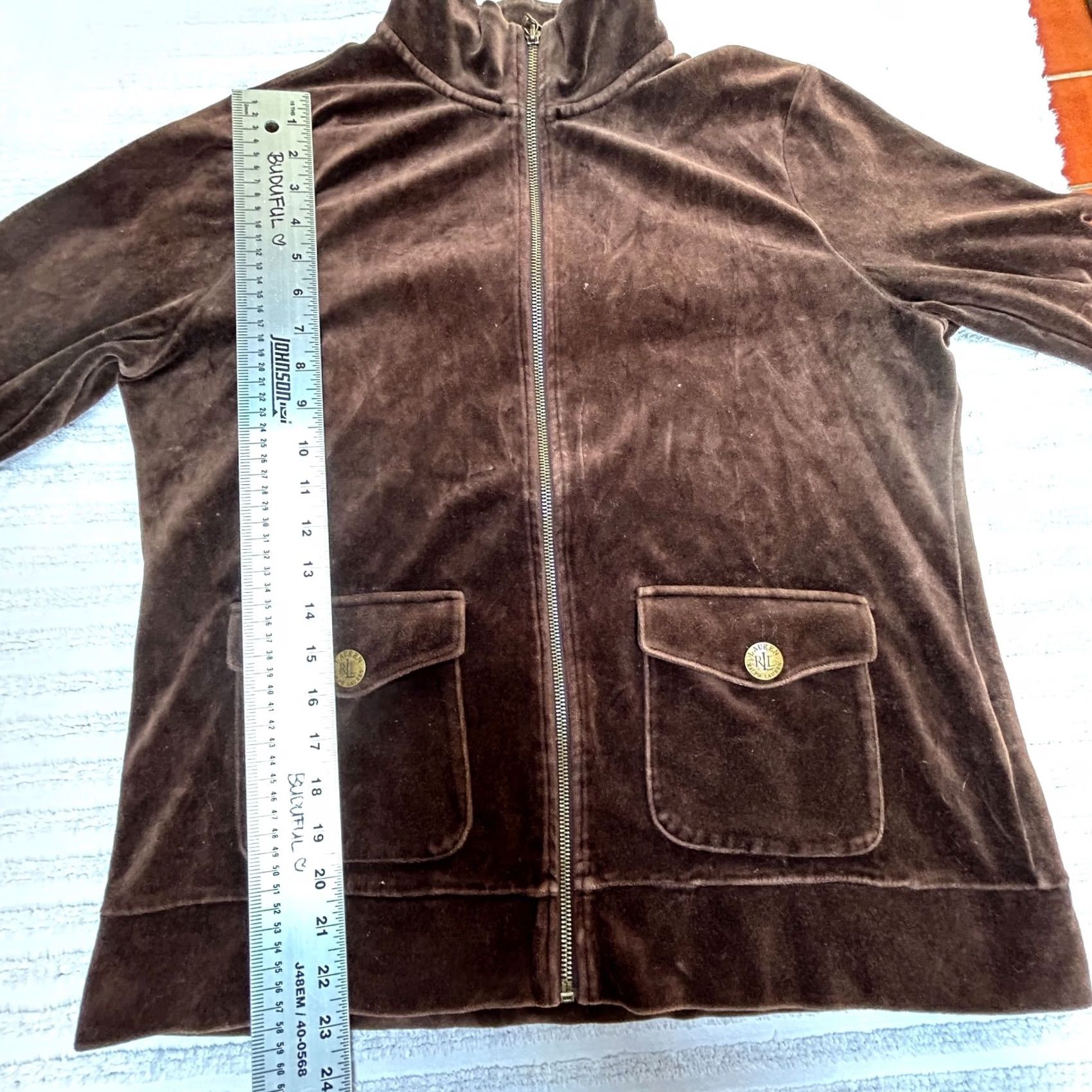 Ralph Lauren Lauren Ralph Lauren Womens Large Brown Velvet Track Jacket Full Zip Mock Neck Size L / US 10 / IT 46 - 7 Thumbnail