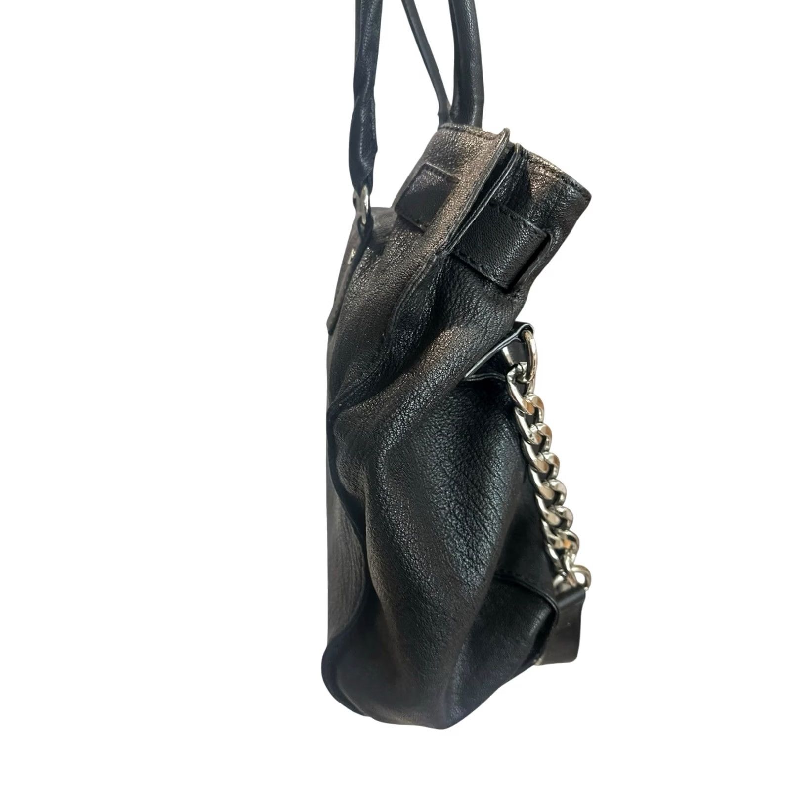 Michael Kors Michael Kors Hamilton Satchel Tote Bag Large Black Pebbled Leather Silver Lock Chain Women Size ONE SIZE - 5 Thumbnail