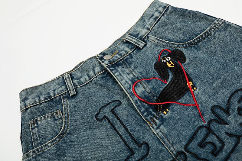 Vintage American retro embroidered puppy wash distressed loose jeans Size US 32 / EU 48 - 3 Thumbnail