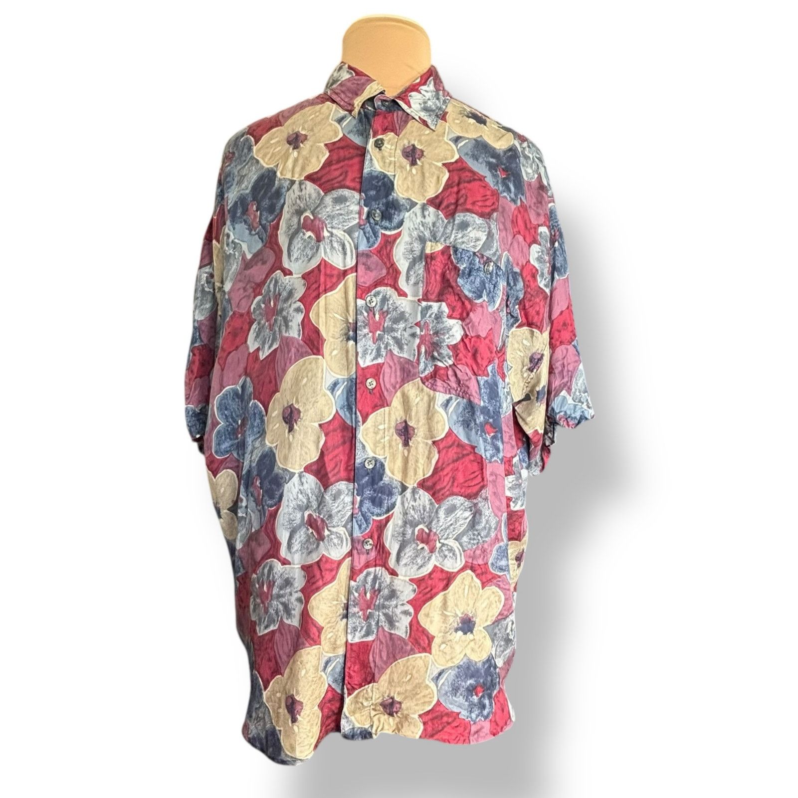 Vintage Vintage 90s Silk Floral Shirt XL Red Blue Beige Short Sleeve Size US XL / EU 56 / 4 - 9 Thumbnail