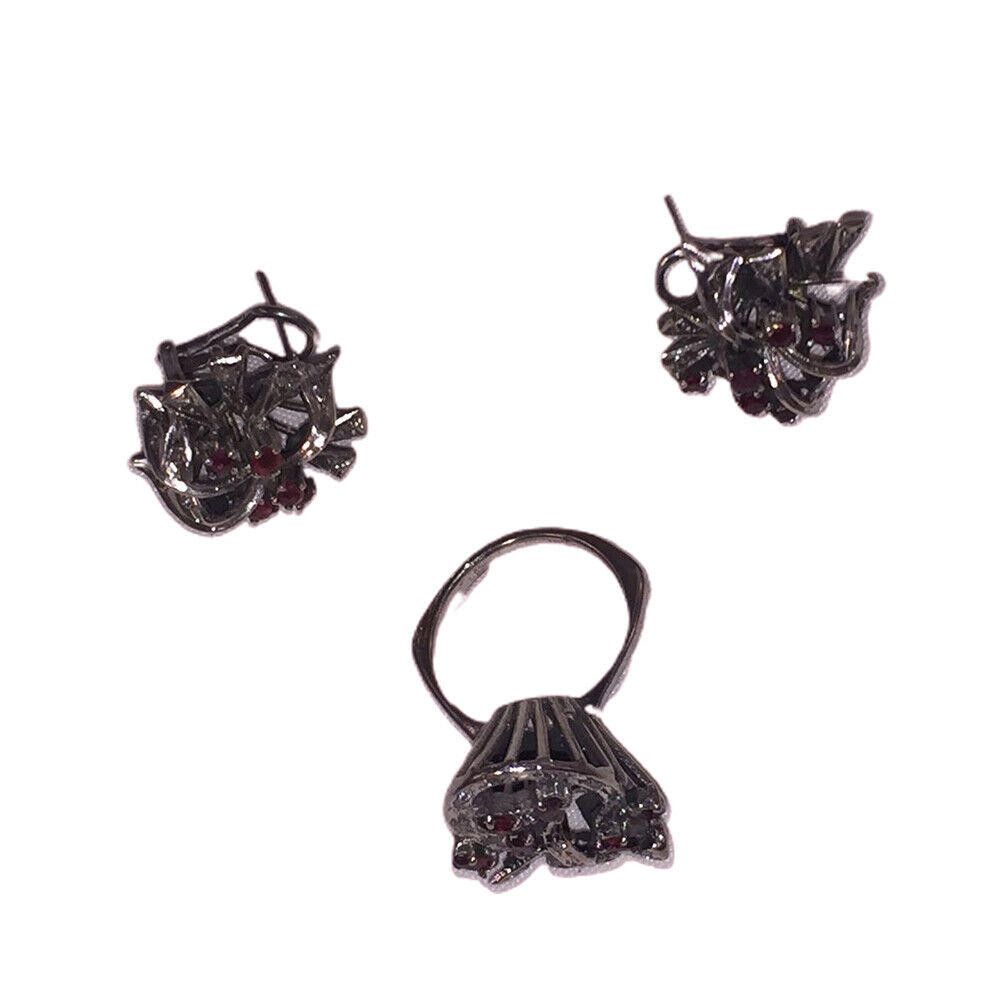 Designer Mexican Palladium Sterling Ruby& Diamond Earrings & Ring Set Size ONE SIZE - 2 Thumbnail