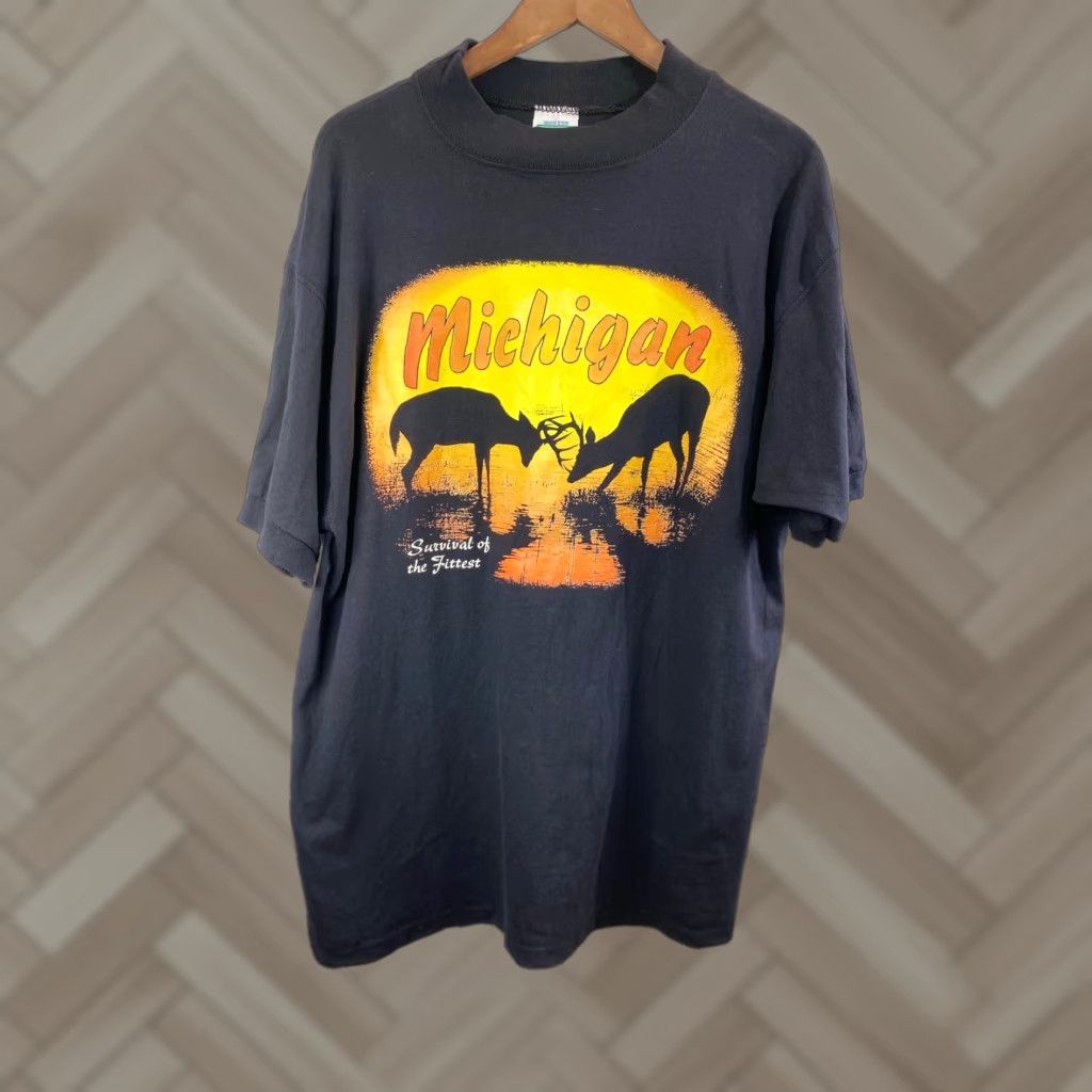 Vintage VTG Discus Athletic T-Shirt Adult XL Black Short Sleeve Crew Neck Michigan Survival Fittest Deer Print 90s Retro Animals Outdoor Graphic Size US XL / EU 56 / 4 - 1 Thumbnail