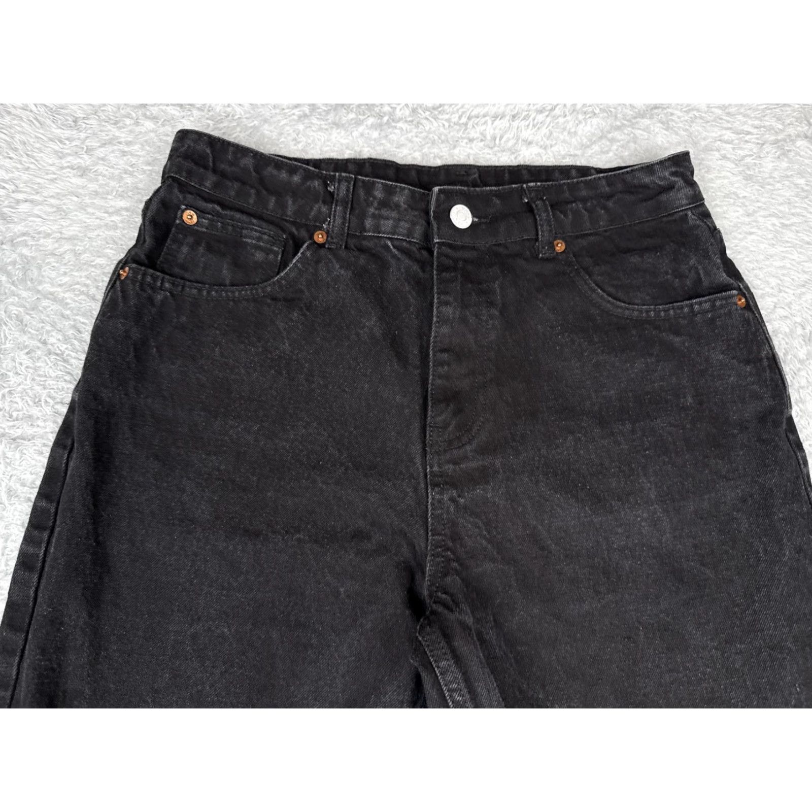 Denime Black Jeans Womens 28x32 Relaxed Wide Straight Leg Raw Hem Distressed Denim Size 28" / US 6 / IT 42 - 4 Thumbnail