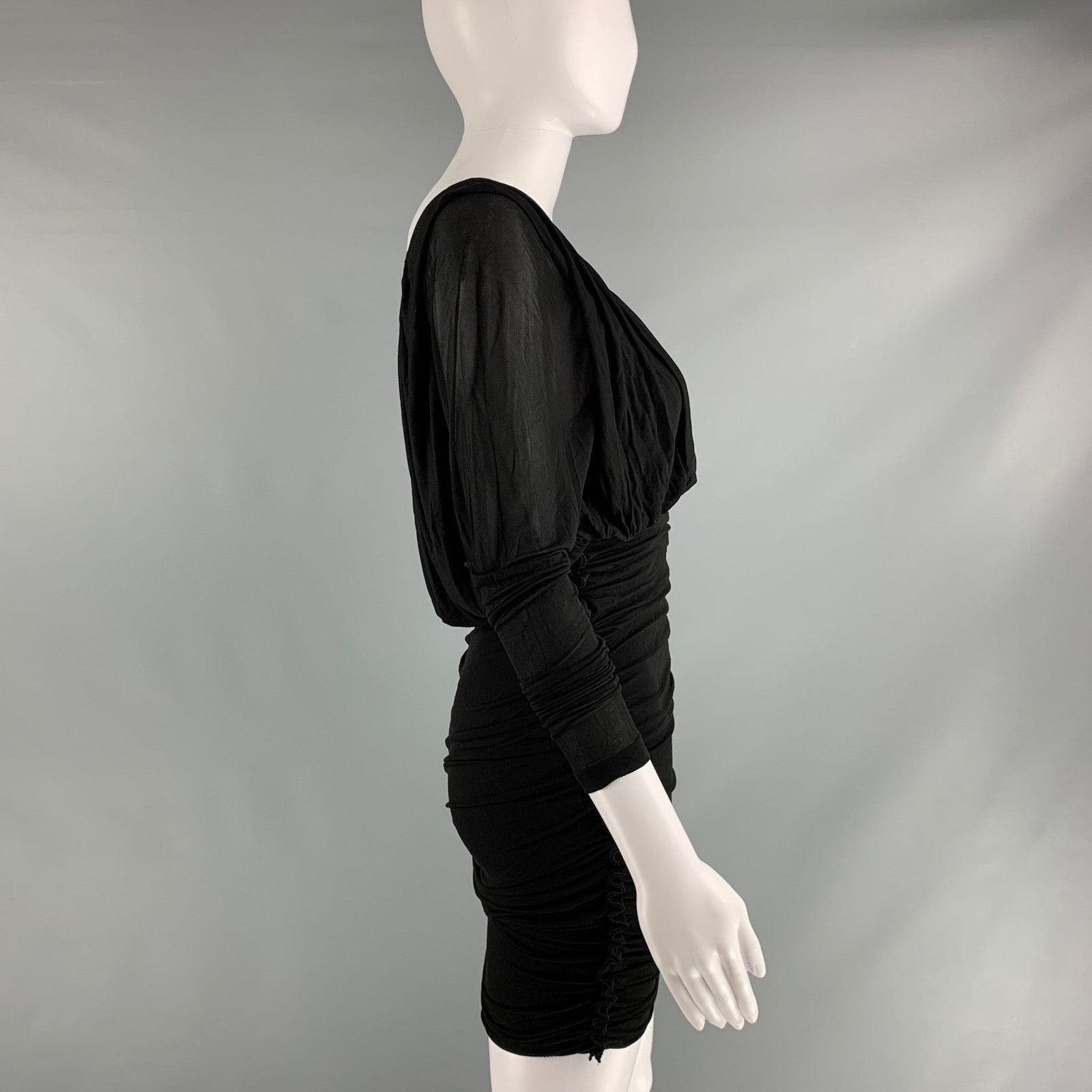 Saint Laurent Paris SAINT LAURENT Black Cupro Ruched Long Sleeve Cocktail Dress Size XS / US 0-2 / IT 36-38 - 3 Thumbnail