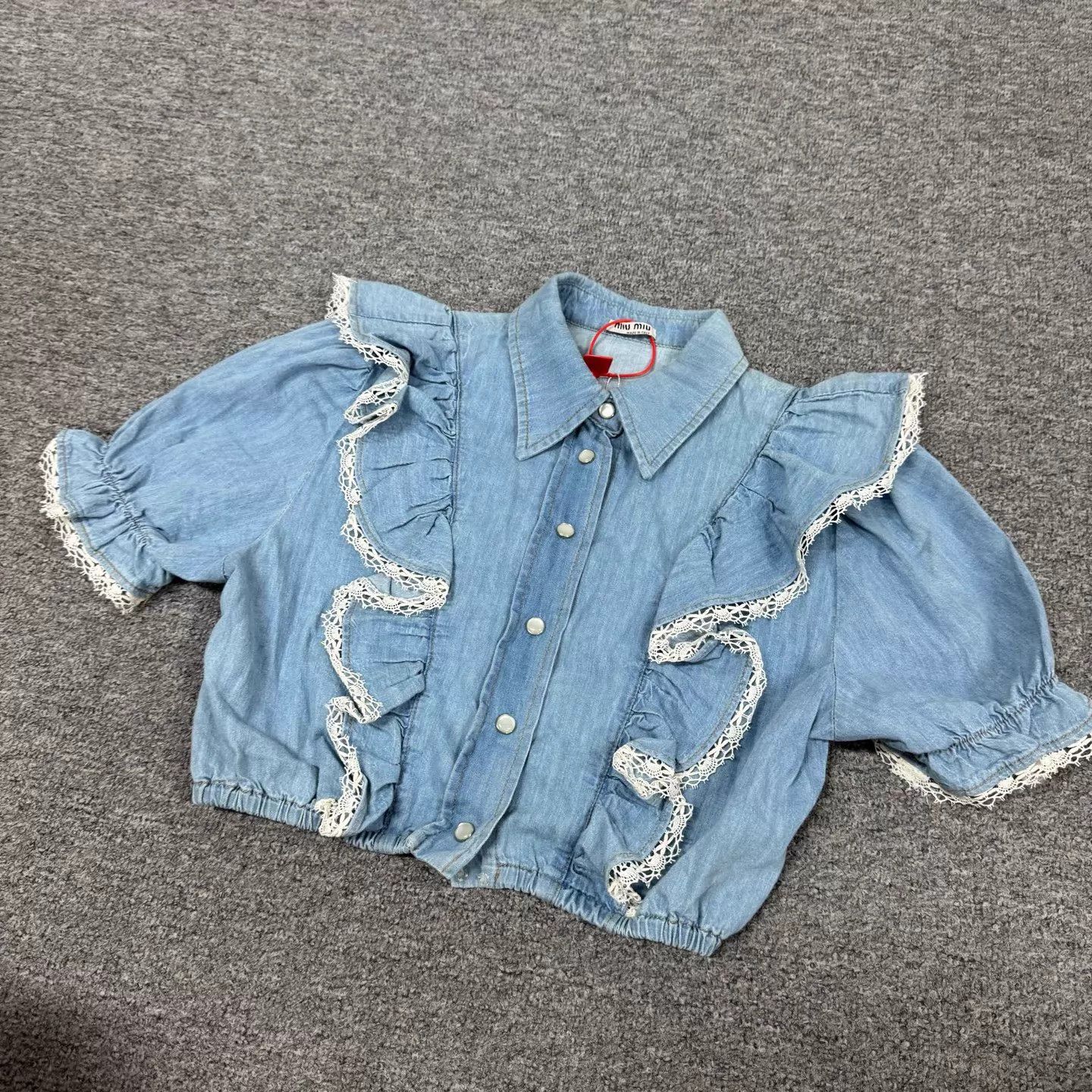 Miu Miu MIU MIU Light Blue Denim Ruffle Collar Short Puff top Size XS / US 0-2 / IT 36-38 - 3 Thumbnail