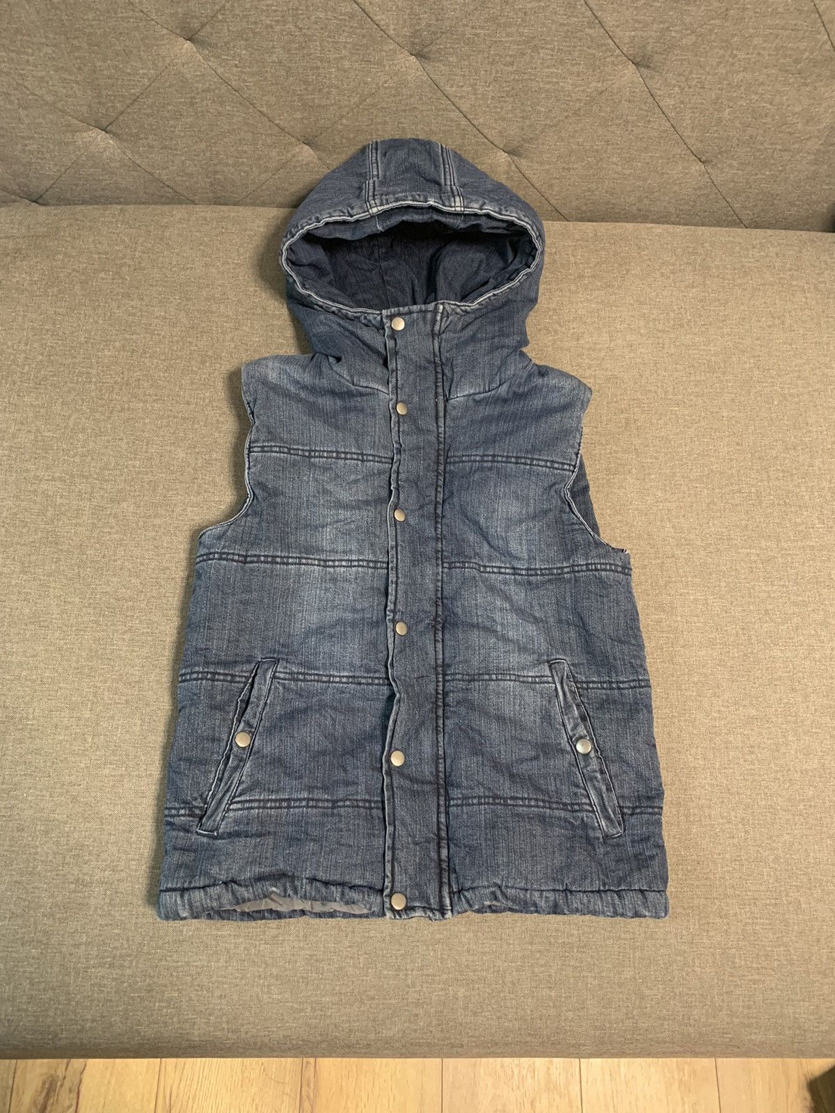Japanese Brand Full Glow Blue Denim Puffer Vest Size US M / EU 48-50 / 2 - 1 Thumbnail