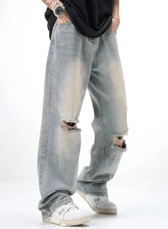 Japanese Brand × Jean Men's all-match loose straight hiphop washed ripped jeans Size US 32 / EU 48 - 4 Thumbnail