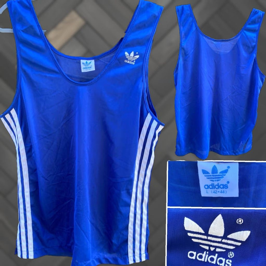 Adidas VINTAGE Adidas Tank Top Polyester Thin Sheer Trefoil Logo Blue White Stripes L Size US L / EU 52-54 / 3 - 1 Thumbnail