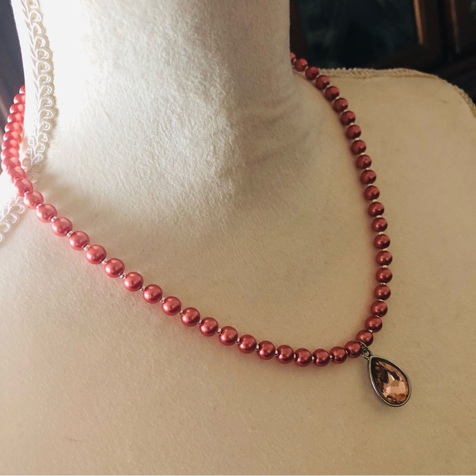 Handmade Handcrafted repurpose antique rose teardrop Pearl necklace Size ONE SIZE - 3 Thumbnail