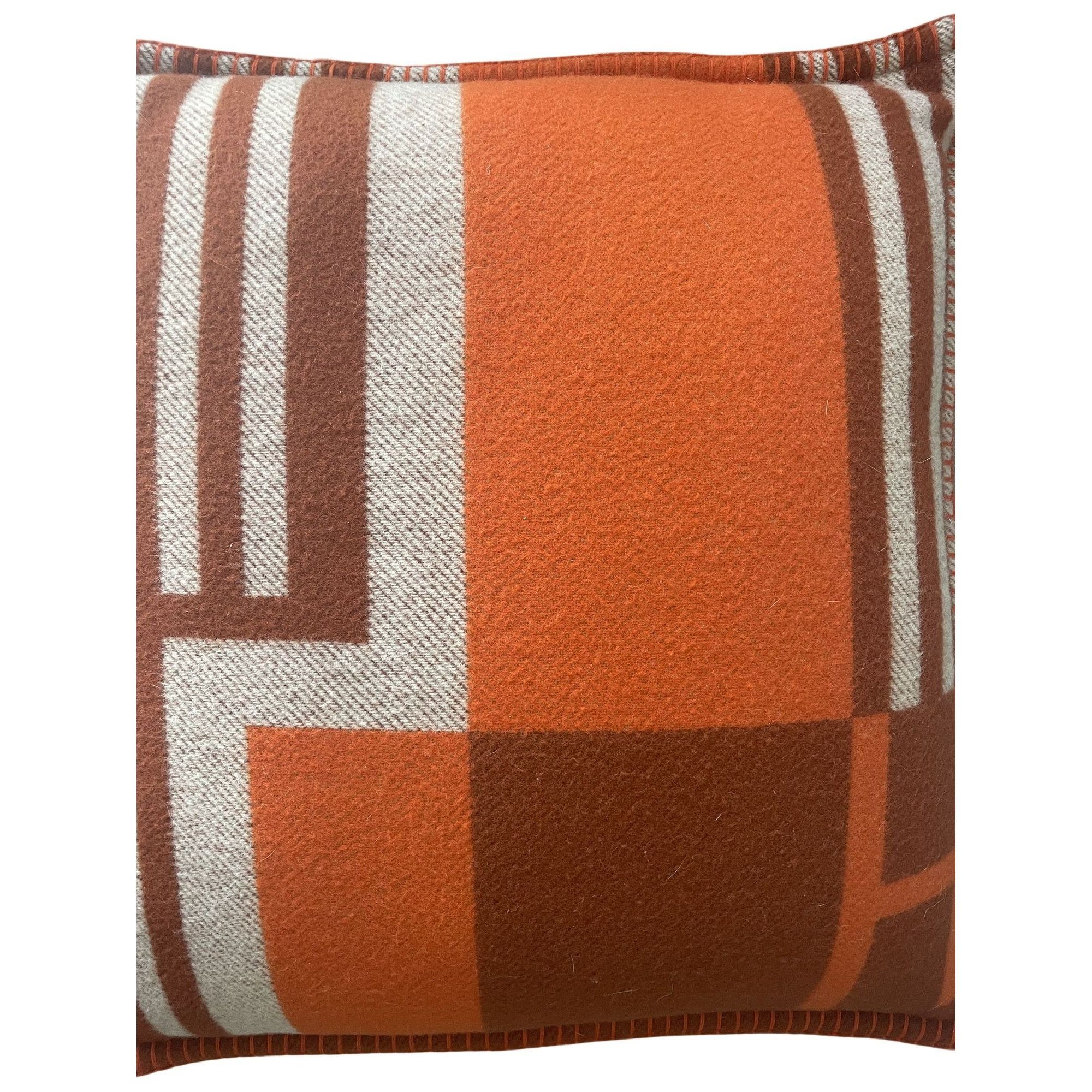 Hermes Hermes Paris Orange & Brown Geometric Wool & Cashmere Pillow Size ONE SIZE - 3 Thumbnail