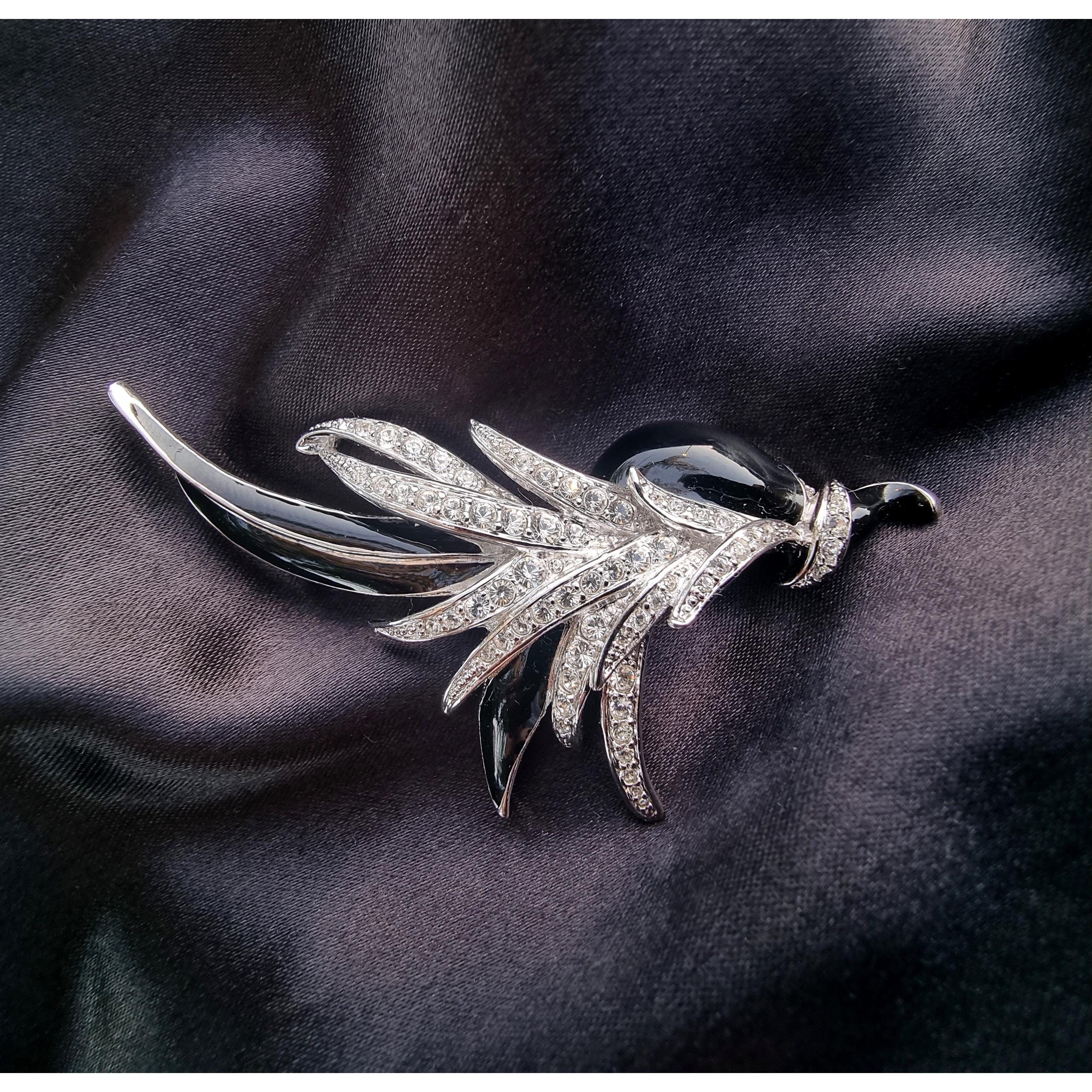 Vintage NOLAN MILLER Black and White Clear Rhinestones Silve