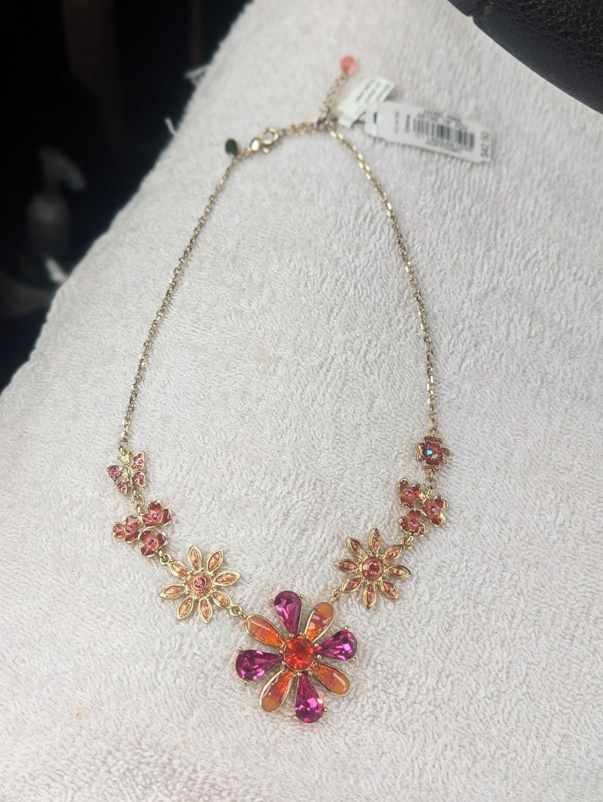 1989 STUDIO NWT 1928 Signed Gold Toned Pink Floral Rhinestone Necklace Size ONE SIZE - 2 Thumbnail