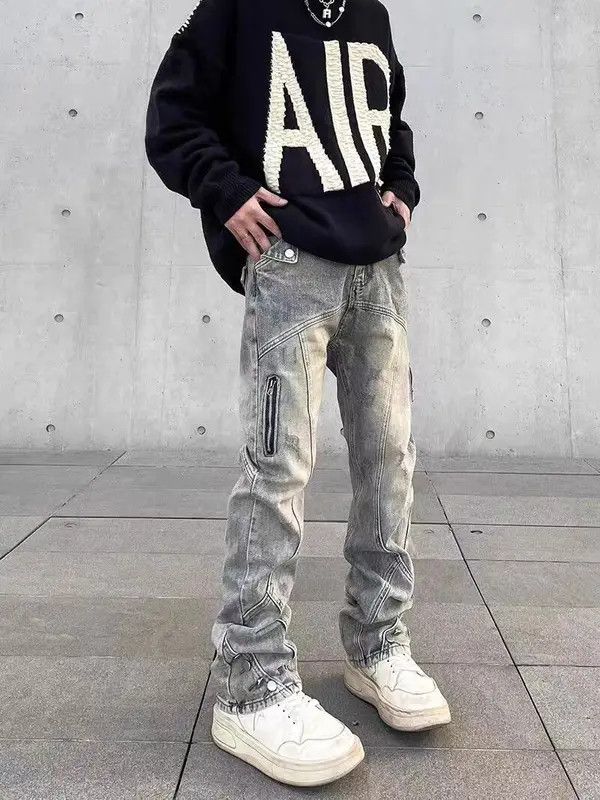 image of Retro Distressed Yellow Mud-Dyed Straight-Leg Zipper Jeans in Blue, Men's (Size 32)