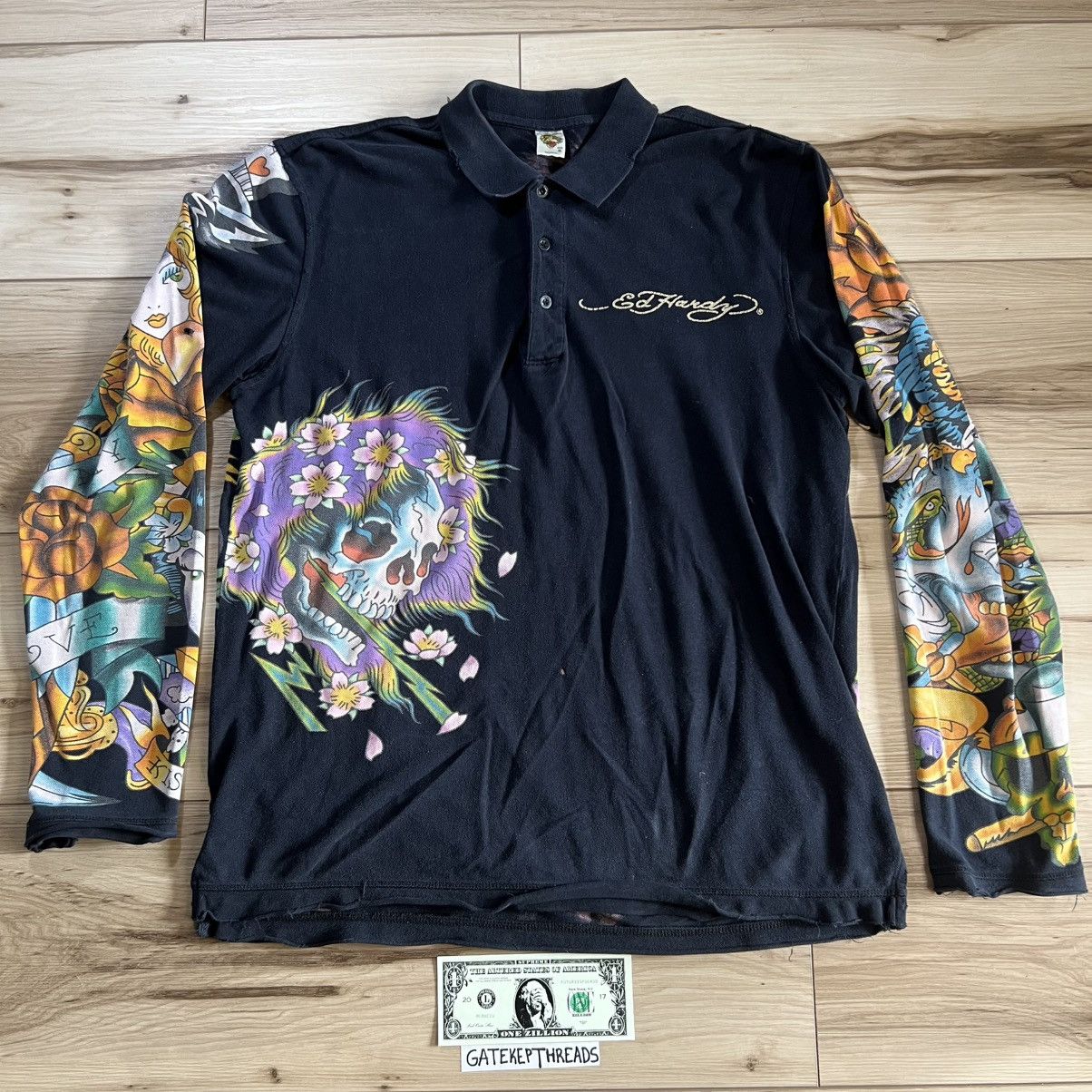 Ed Hardy Ed Hardy Distressed Long Sleeve Black Polo Shirt AOP Size US XL / EU 56 / 4 - 2 Thumbnail