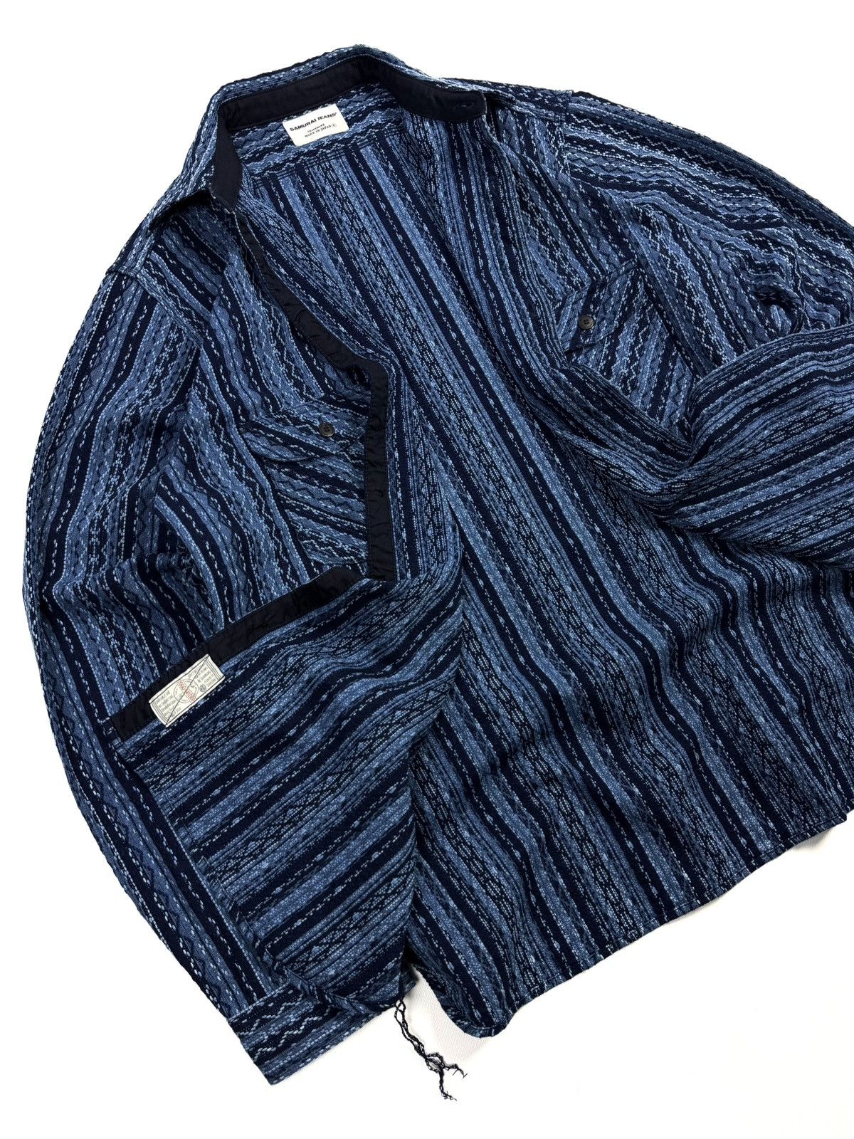 Samurai Jeans Samurai Jeans Japanese Indigo Sashiko Stripe Work Shirt rare Size US XXL / EU 58 / 5 - 6 Thumbnail