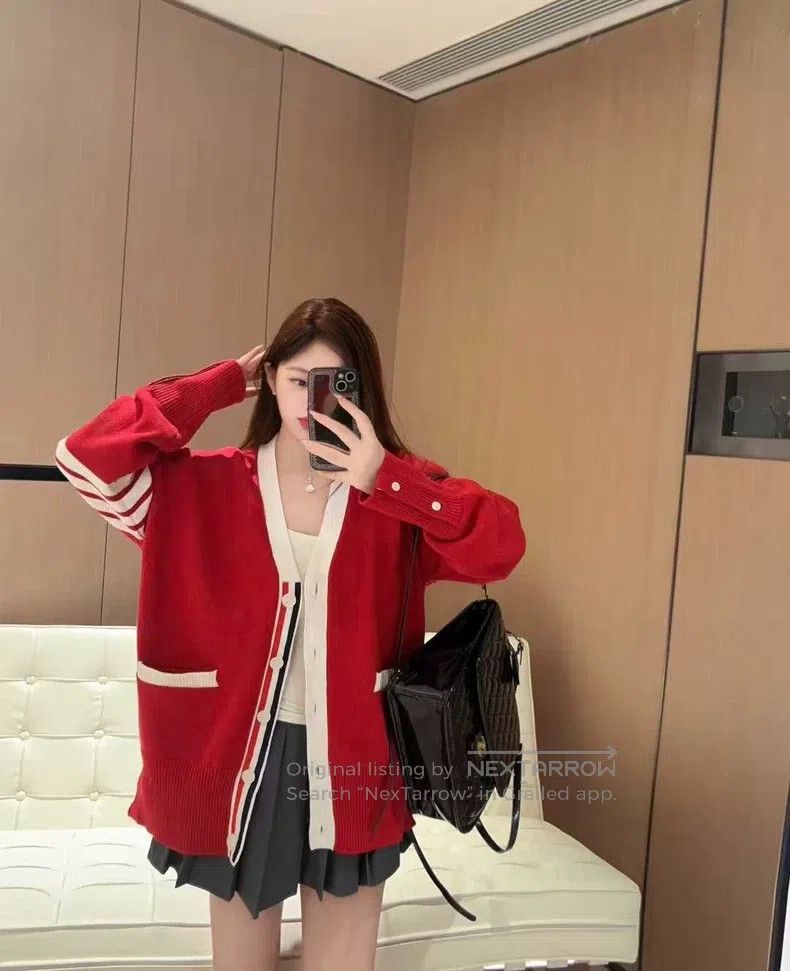 Thom Browne Red retro dog knit cardigan