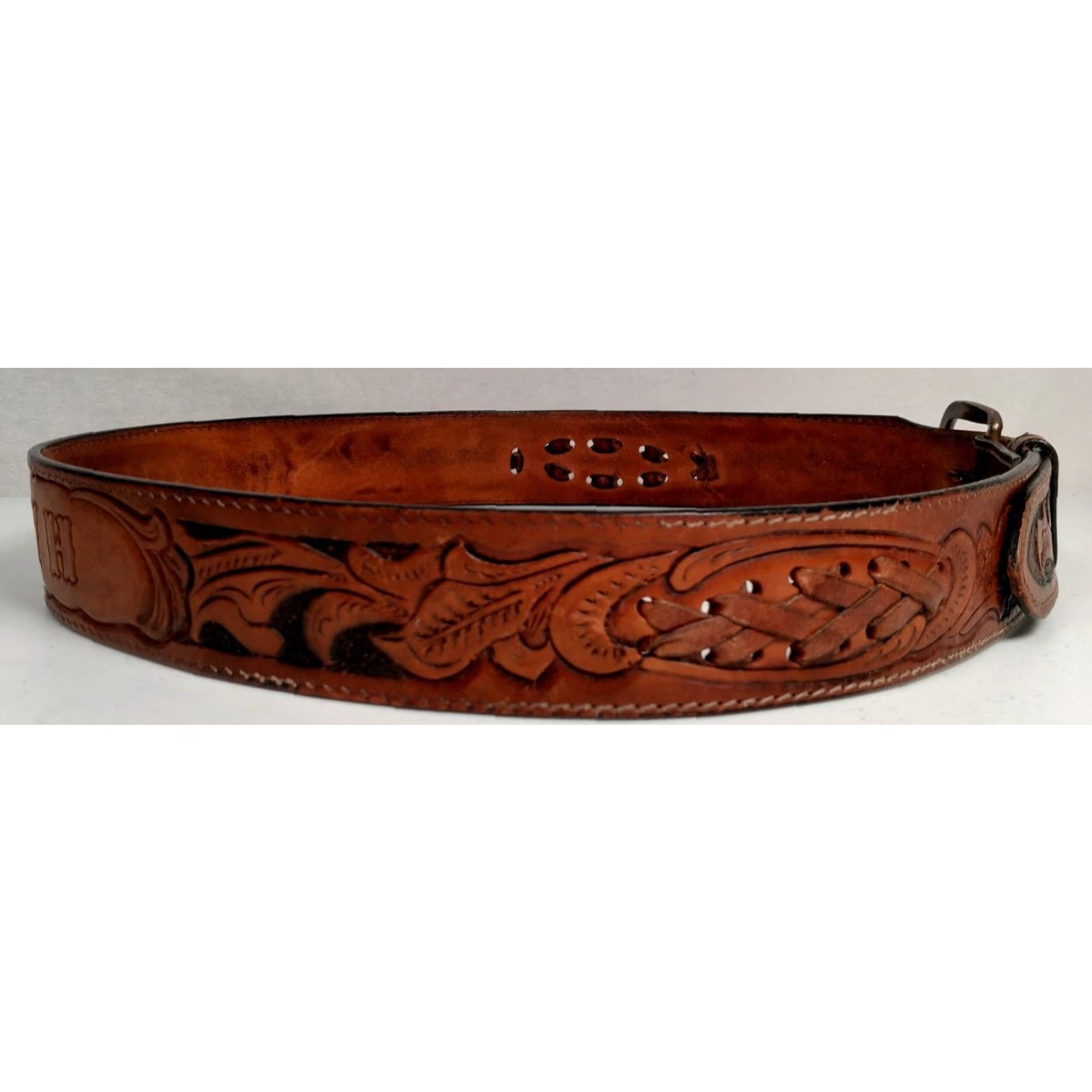 Vintage VINTAGE Larry Mahon Leegin Leather Belt for Harold - Western Floral 1 5/8" Brass Buckle, Personalized Men’s Size 36 Size 36 - 5 Thumbnail