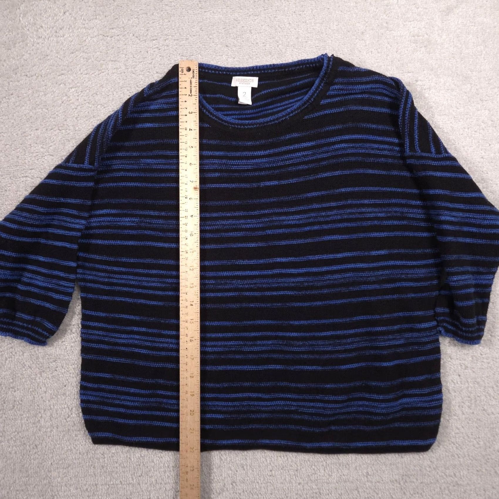 Vintage Weekends by Chico's Sweater Womens 2 Black 100% Cotton Striped Knit Pullover Shirt Pullover Crew Neck 3/4 Sleeve Casual Fall Womens Size XS / US 0-2 / IT 36-38 - 6 Thumbnail