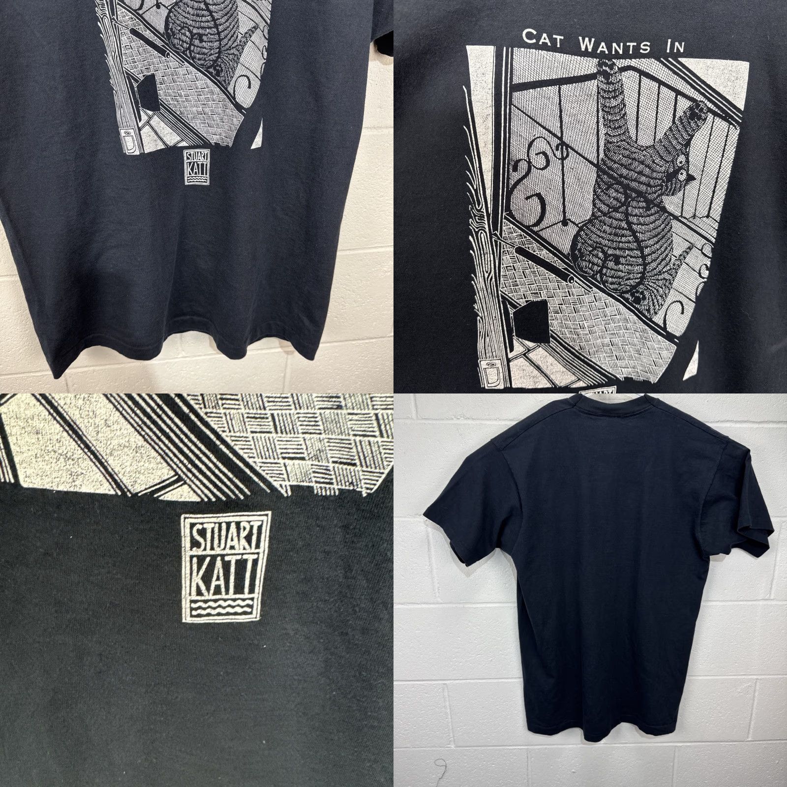 Fruit Of The Loom VINTAGE Fruit of the Loom 90s Stuart Katt Cat Wants Out Graphic Tee T-Shirt Black Adult Large Single Stitch Mens Size US L / EU 52-54 / 3 - 8 Thumbnail