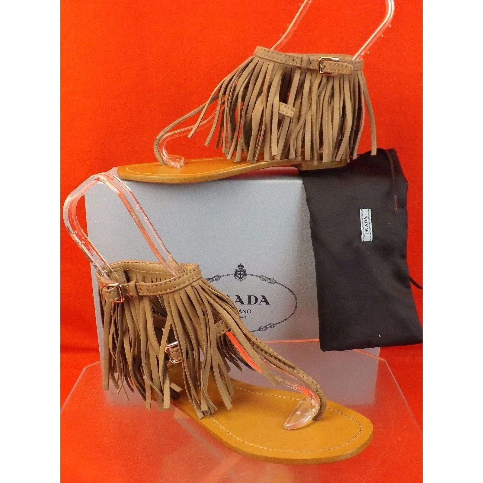 Prada PRADA 1Y70 BEIGE SUEDE FRINGE BUCKLES THONG FLAT SANDALS 36 Size US 6 / IT 36 - 1 Thumbnail