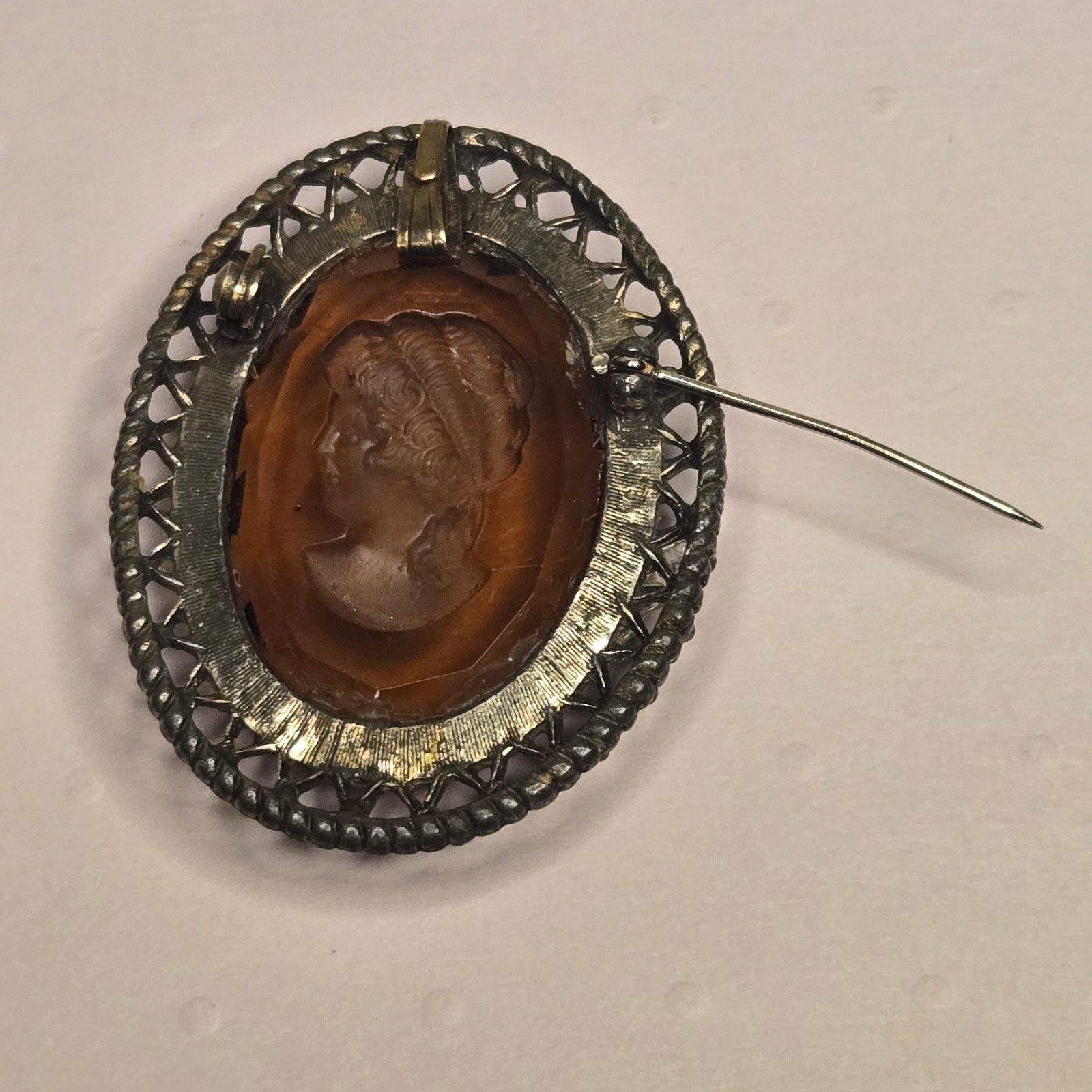 Vintage Vintage Amber Glass Cameo Brooch Pendant Ornate Filigree Size ONE SIZE - 4 Thumbnail
