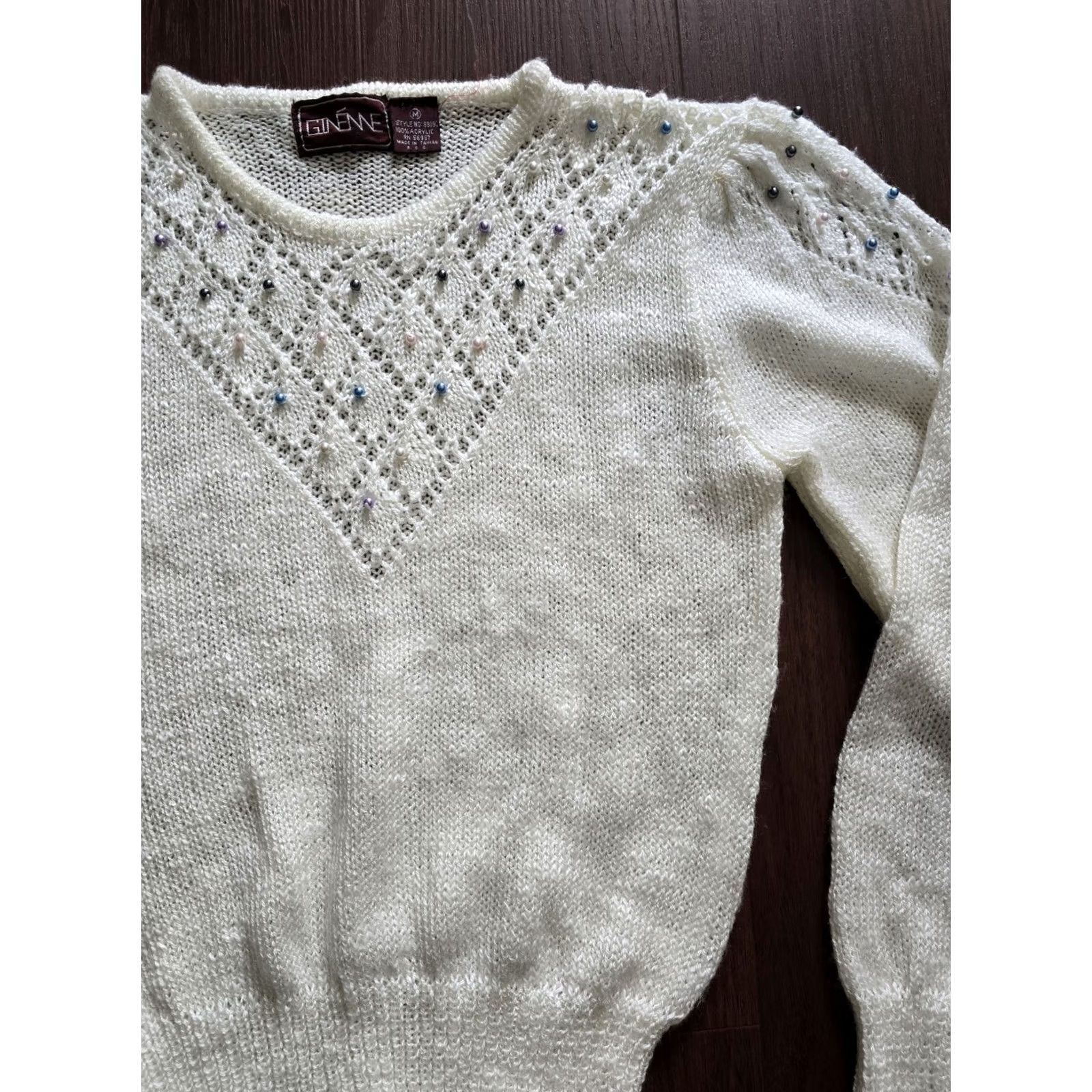 Vintage VINTAGE Ginenne Sweater Shirt Womens Medium Beige 1980s Beaded Cottagecore Grandmacore Decade 80s Size M / US 6-8 / IT 42-44 - 2 Thumbnail