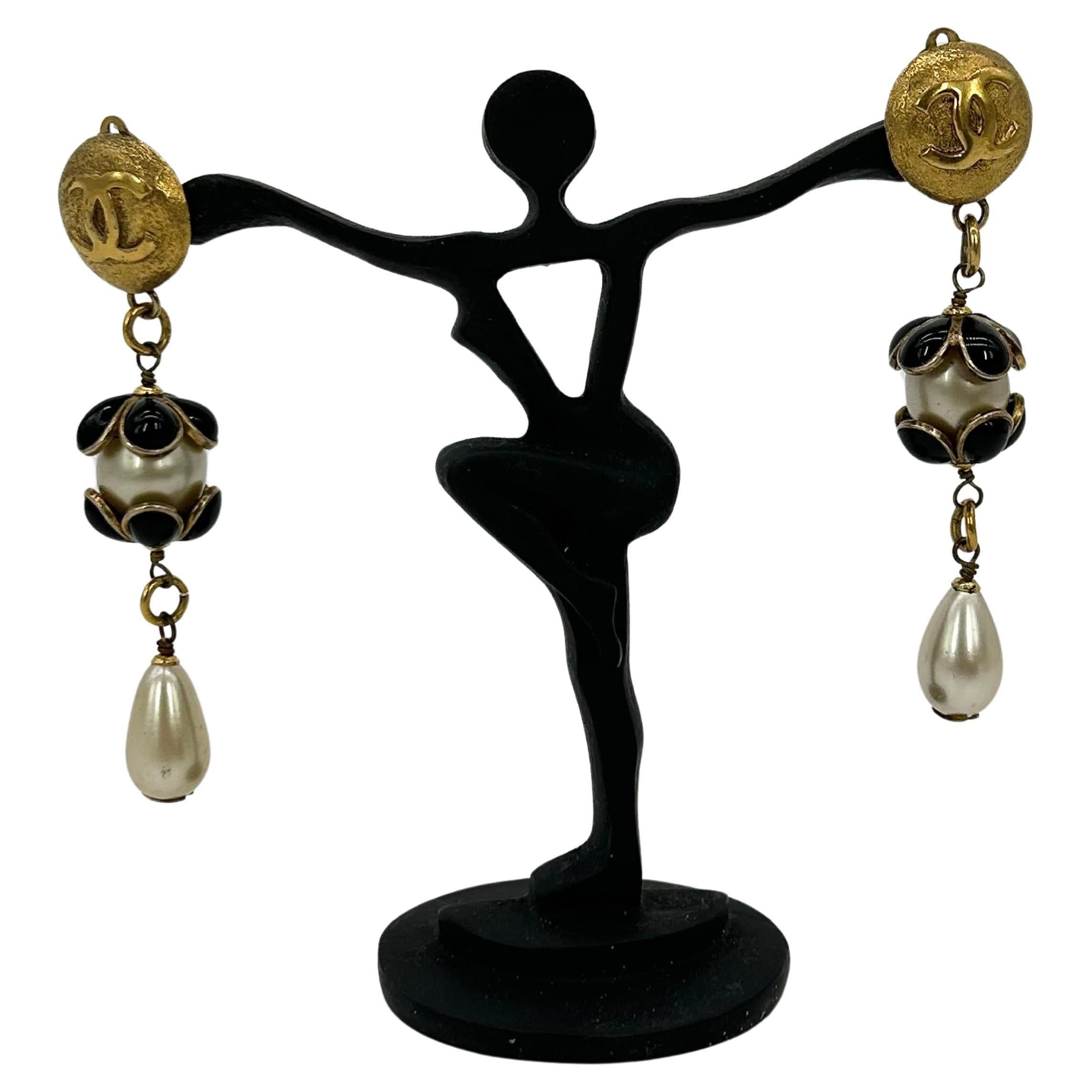 image of Chanel Gold Enamel Pearl Teardrop Earrings, Women's