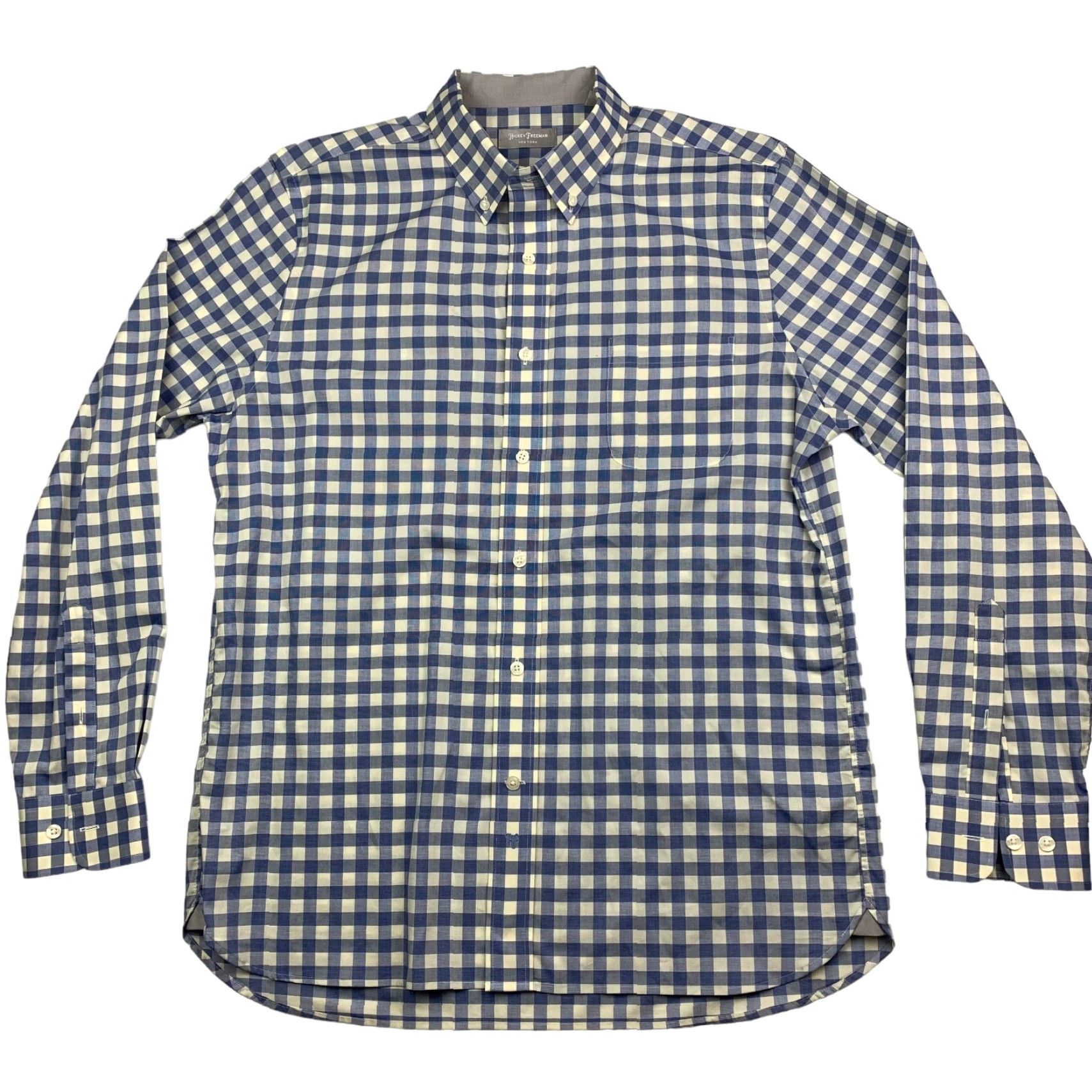 Hickey Freeman Cotton Stretch Button Shirt Blue White Gingham Check Long Sleeve Large Mens