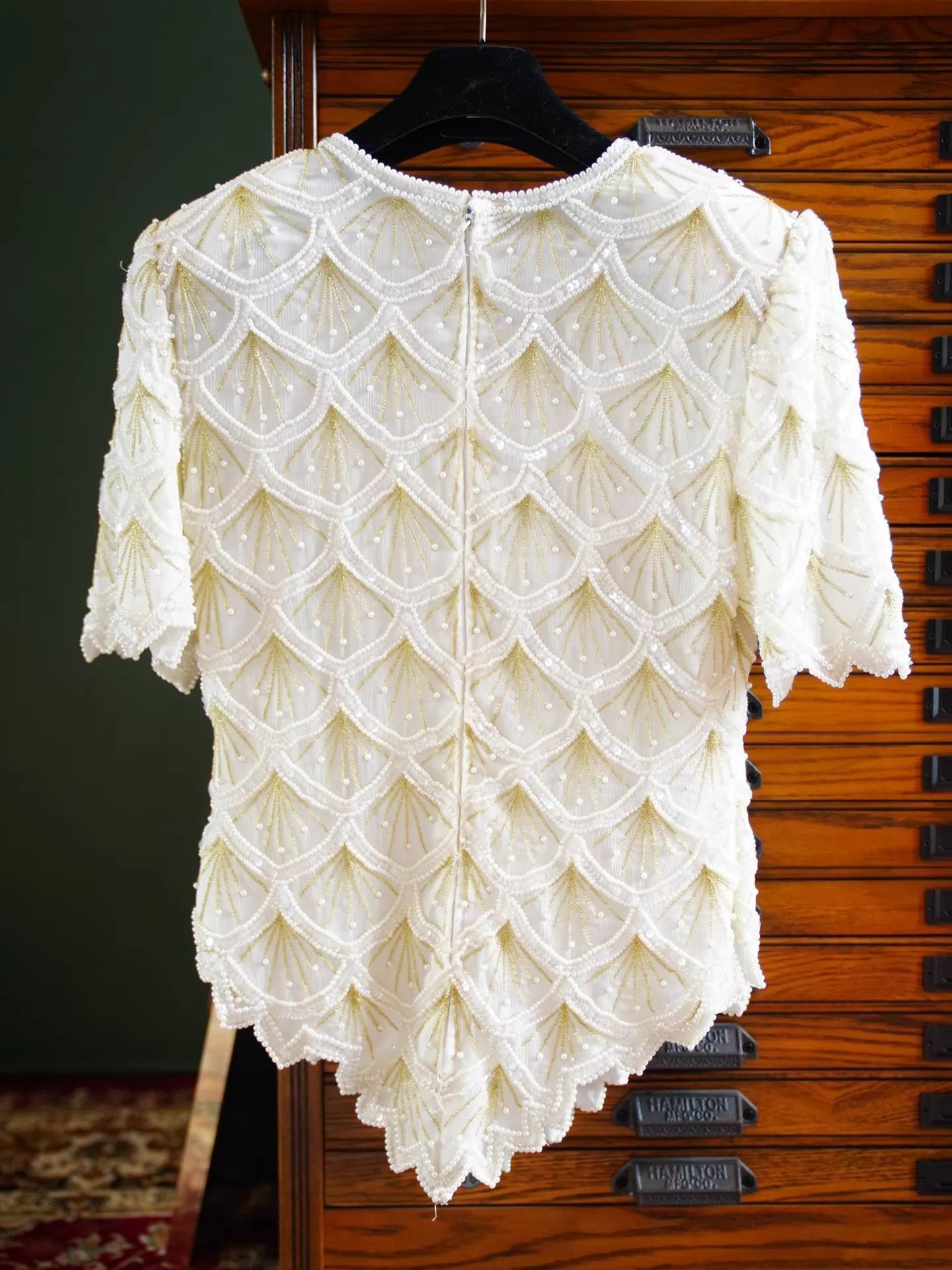 Other US Vintage Art Deco White Gold Geo Beaded Short Sleeve Top Size L / US 10 / IT 46 - 3 Thumbnail