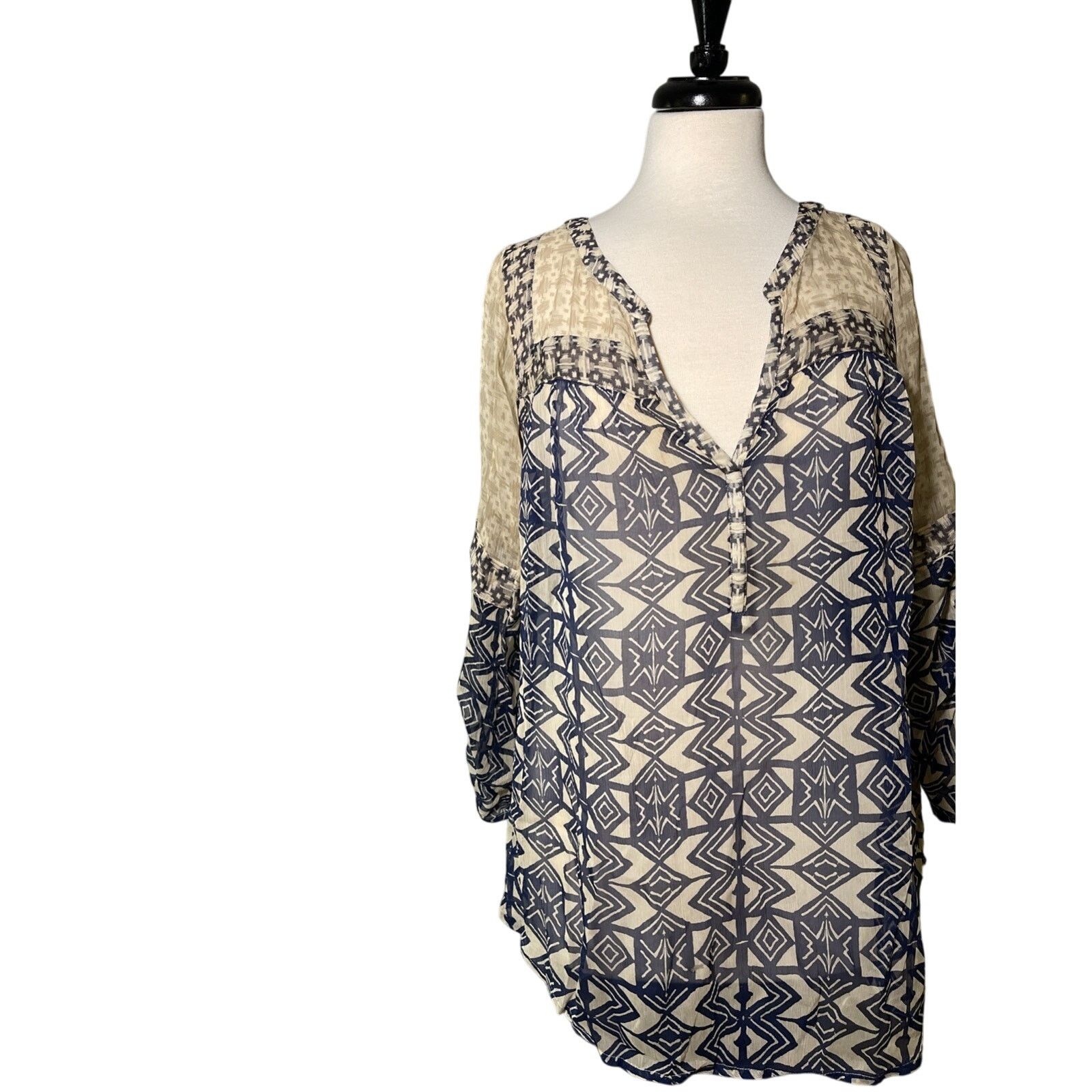Lucky Brand Lucky Brand Top Womens 1-X Beige Sheer Blouse Boho V Neck Size XL / US 12-14 / IT 48-50 - 1 Thumbnail