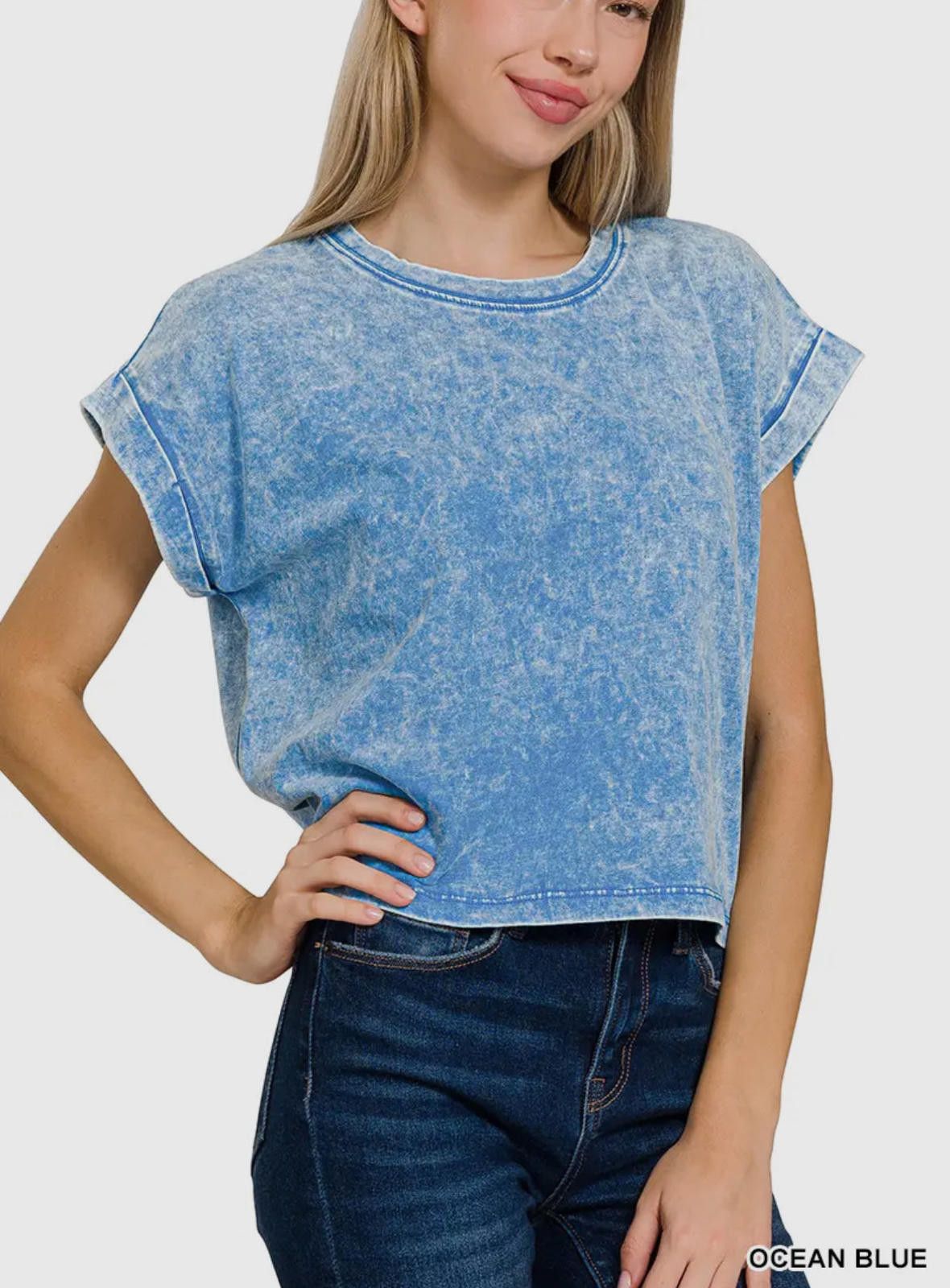 Other Acid Wash Cotton Folded Sleeve Top Zenana Size S / US 4 / IT 40 - 2 Thumbnail