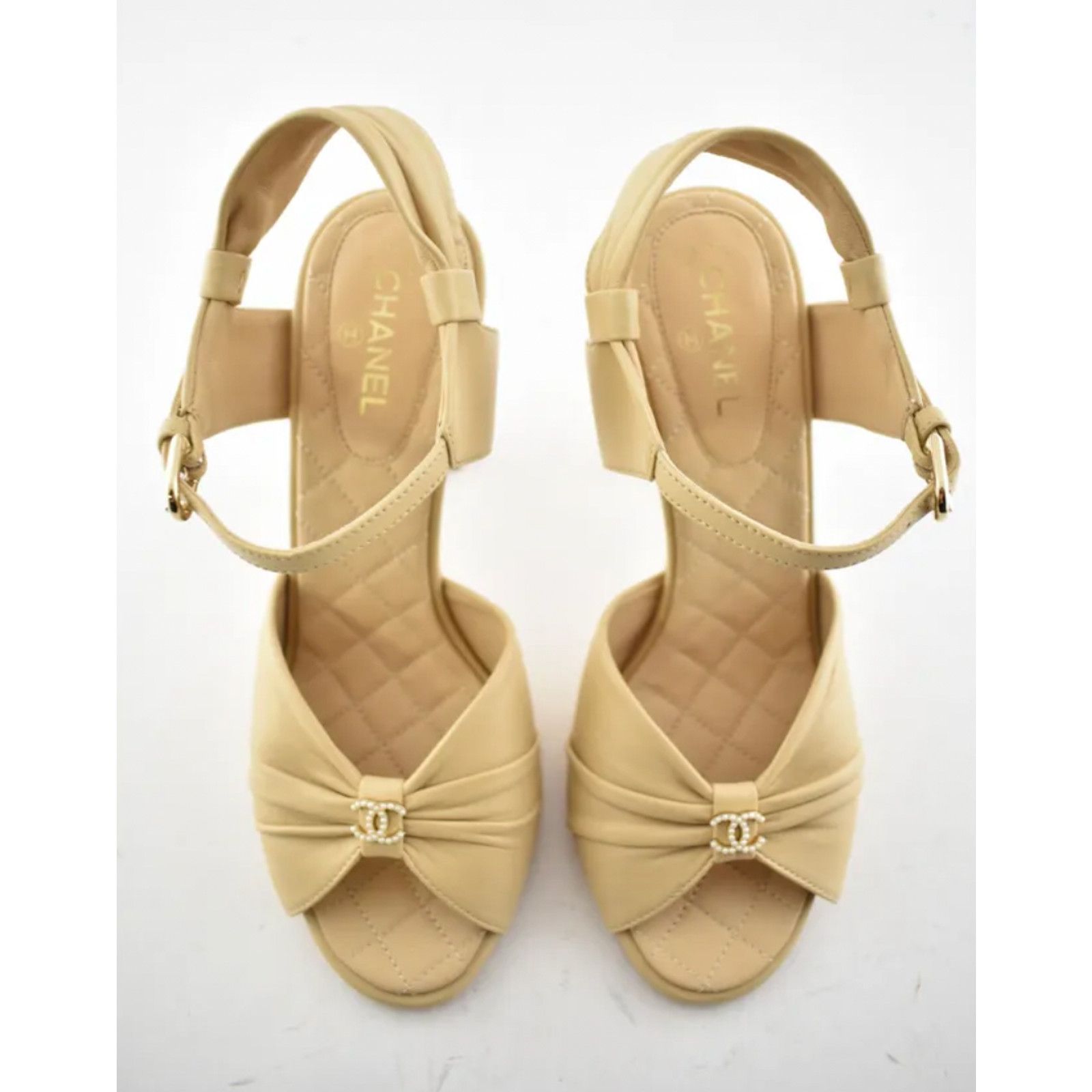 20P Lambskin CC Pearl Ankle Strap Sandals Heel Pump 37.5c