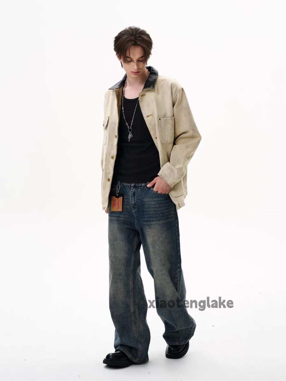 Unisex washed faded loose punk hiphop work jacket