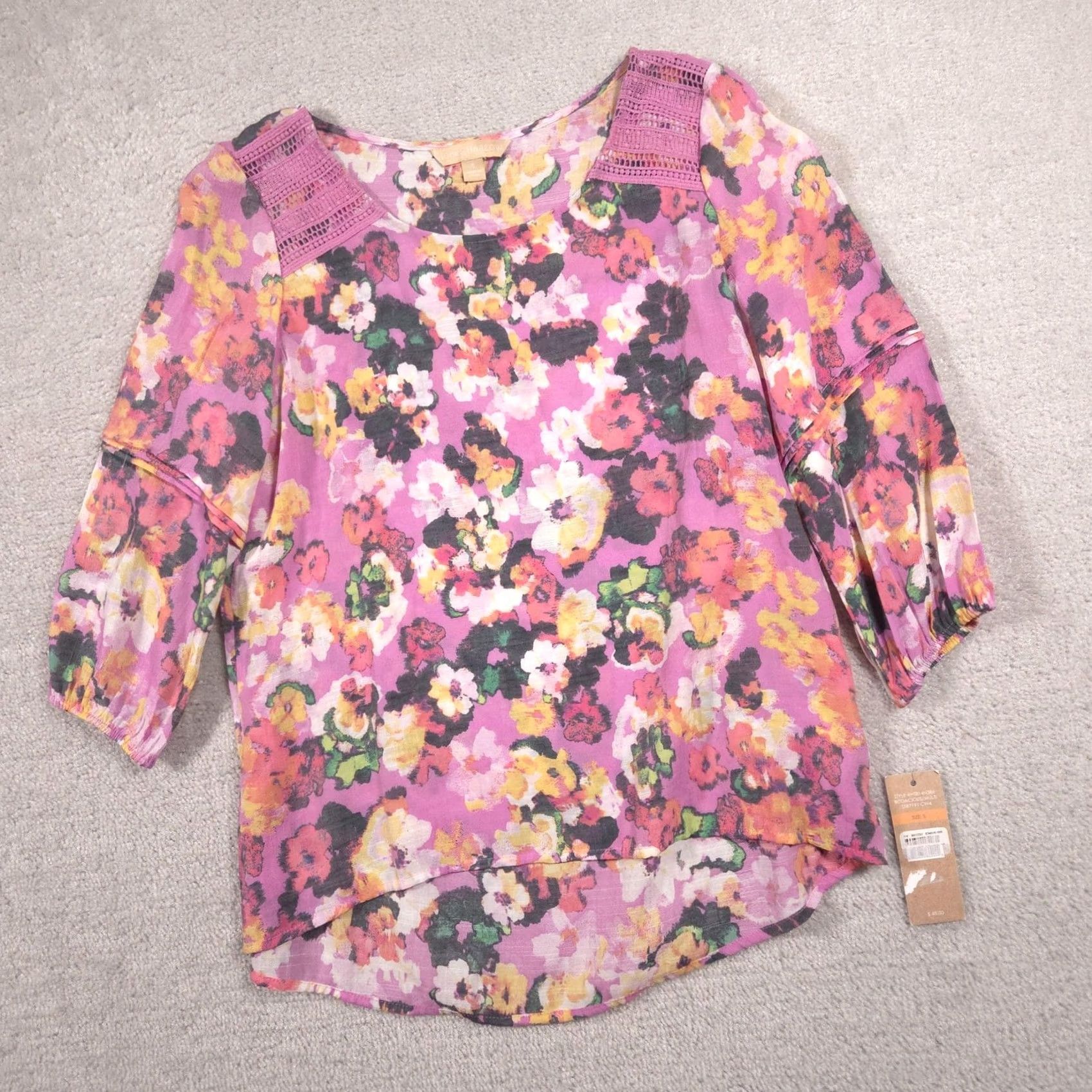 Hope Hope & Harlow Blouse Womens S Floral Crochet 3/4 Sleeve Tunic Top Sheer Pink Multicolor Floral Size S / US 4 / IT 40 - 3 Thumbnail