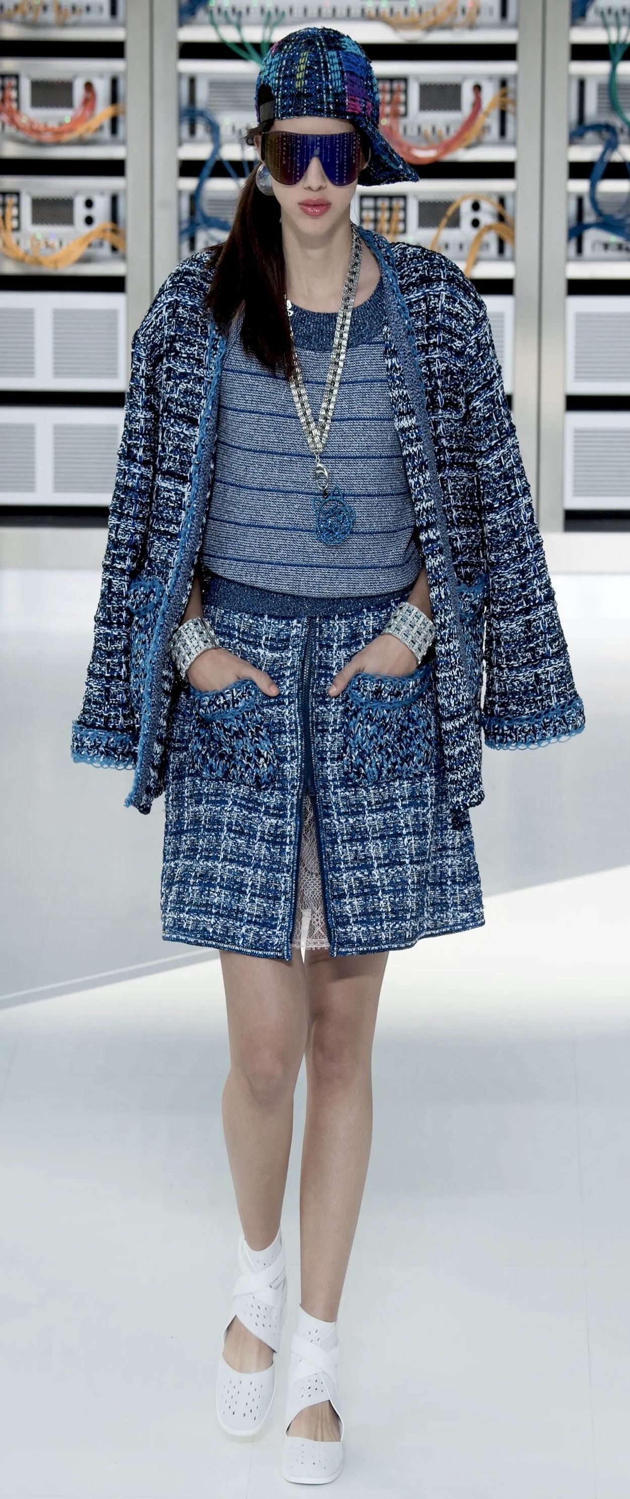 Chanel Spring 2017 Navy & Silver Striped CC Button Knit Top