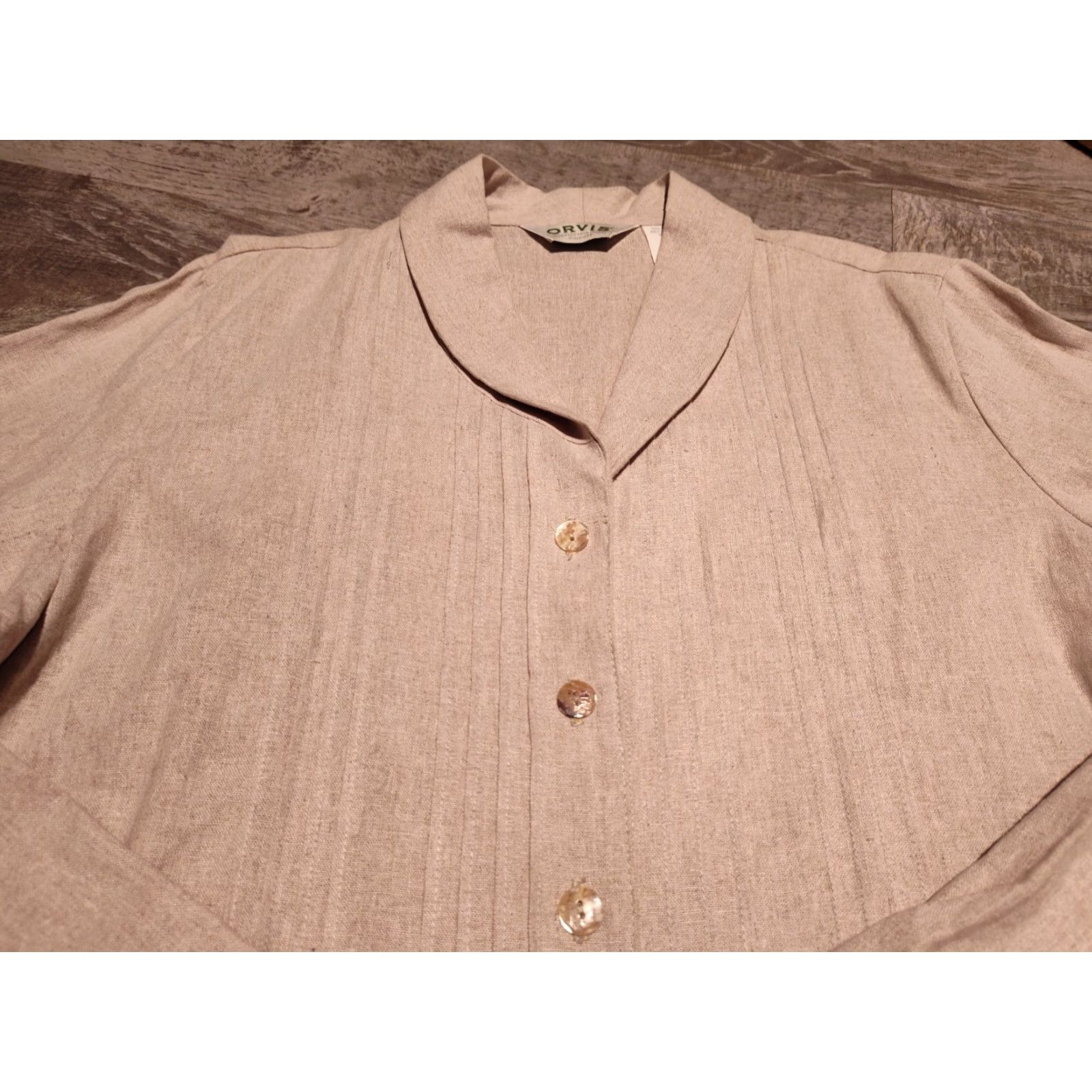 Orvis VINTAGE Orvis Women's Linen Rayon Button-Up Shirt 20 Long Sleeve Beige Pleated Classic 80s 90s Size 3XL / US 20-22 - 6 Thumbnail