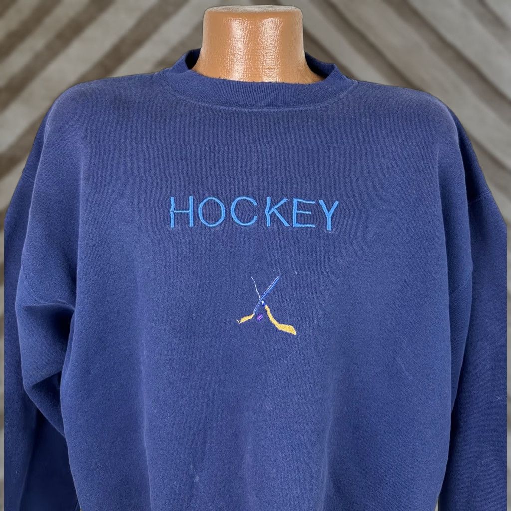 Tultex VINTAGE Tultex Sweatshirt XL Blue Navy Embroidered 90s Distressed Men Crew Neck Pullover Mid-weight Cotton Blend Size US XL / EU 56 / 4 - 1 Thumbnail
