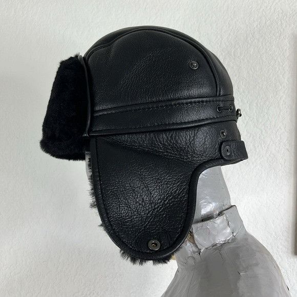 Vintage Leather Sheepskin Lined Trapped Pilot Earmuff Flap Hat Size ONE SIZE - 4 Thumbnail