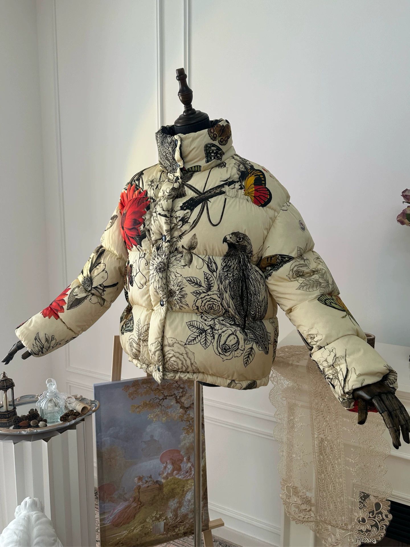 Moncler MONCLER Ink Floral Down Jacket Women's Beige 2 Size XXS / US 00 / IT 34 - 4 Thumbnail