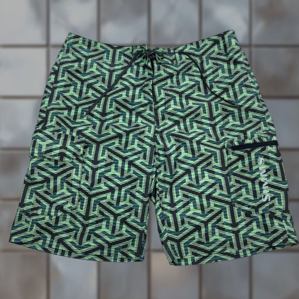 Vintage SIMMS Men's 36 Green Black Blue Geo Greca Board Shorts Swim Trunks Size US 36 / EU 52 - 1 Thumbnail