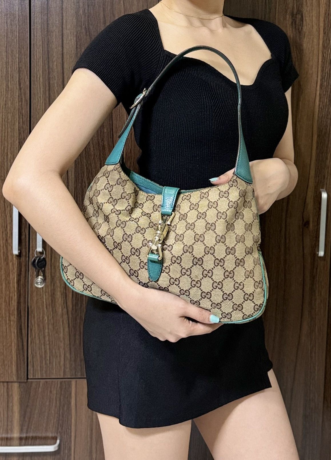 Gucci Authentic GUCCI Jackie 1961 Beige Canvas x Teal Hobo Bag Size ONE SIZE - 3 Thumbnail