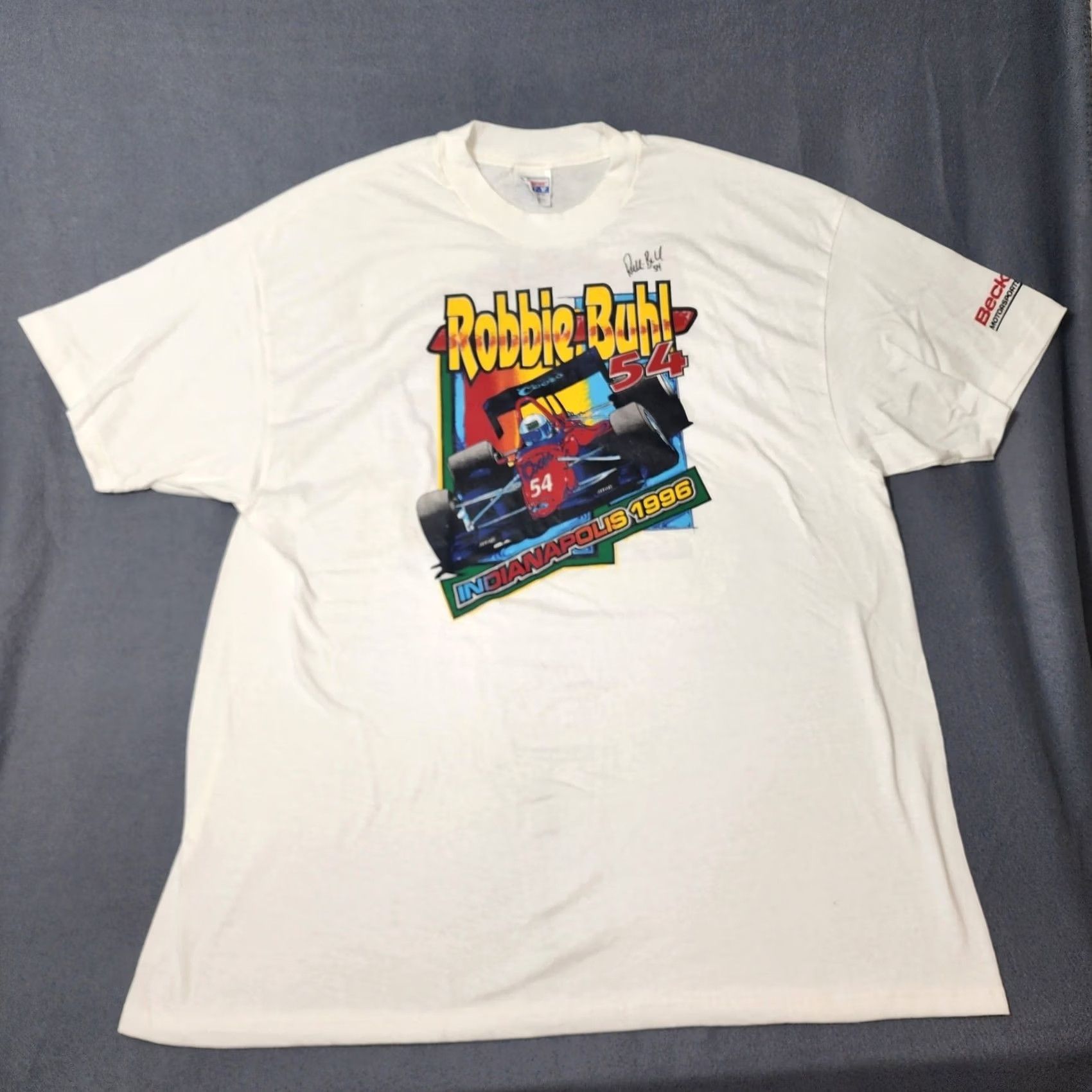 Hanes VINTAGE Hanes Beefy T Robbie Buhl #54 Coors Indy Racing League 1996 Mens 2XL (XXL) White Crew Neck Short Sleeve Shirt Size US XXL / EU 58 / 5 - 2 Thumbnail
