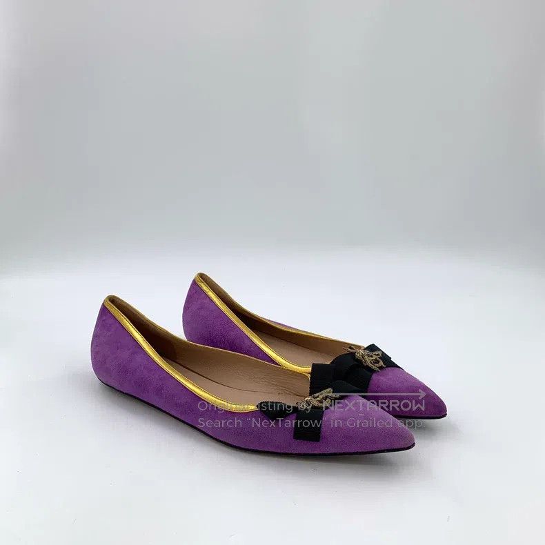 Gucci Gucci Purple pointed bow bee diamond suede casual flat sho Size US 7 / IT 37 - 2 Thumbnail