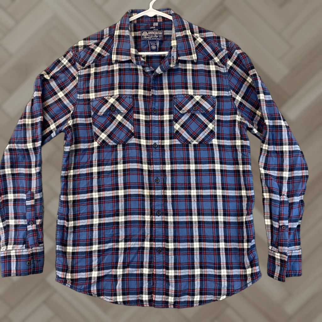Vintage American Rag Classic Button Dress Shirt Mens Large Blue Plaid Long Sleeve Size US L / EU 52-54 / 3 - 1 Thumbnail