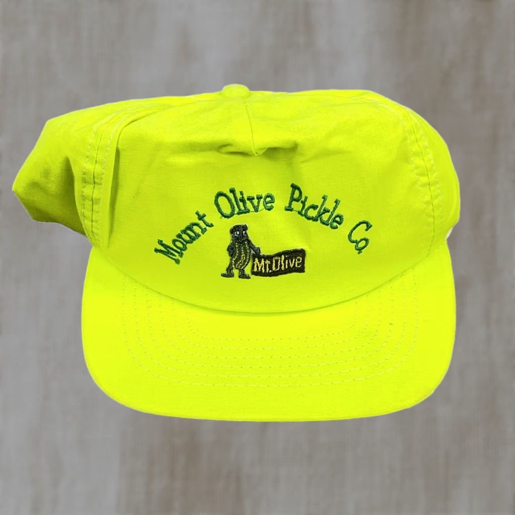Olive VINTAGE Mount Olive Pickle Hat Cap Snapback 80s 90s Neon Green USA Made Trucker Mens Size ONE SIZE - 1 Thumbnail