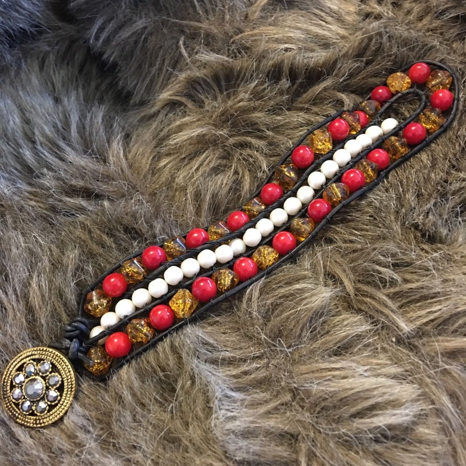 Vintage Handmade antique button leather beaded bracelet Size ONE SIZE - 6 Thumbnail
