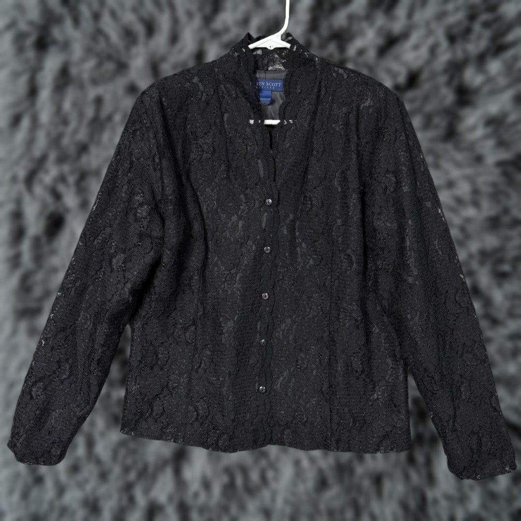 Vintage VINTAGE Karen Scott Blouse PM Black Lace Dark Romantic Coquette Whimsigoth Womens Long Sleeve V-Neck PM Black Lace Size M / US 6-8 / IT 42-44 - 1 Thumbnail