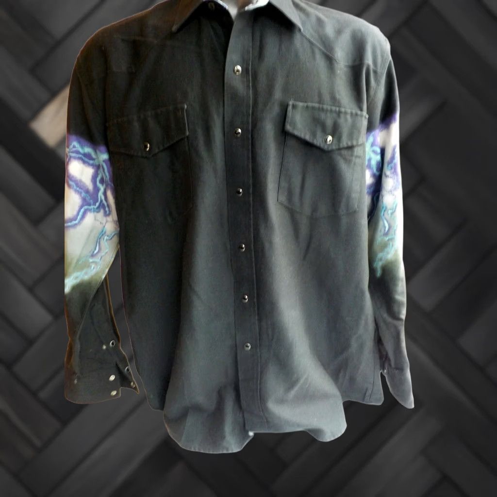 Roper Roper LS Snap Western Shirt Black with Lighting Bolt Sleeves SZ L Mens Shirt Vintage 100% Cotton Button-Up Long Sleeve Western Theme Size US L / EU 52-54 / 3 - 1 Thumbnail
