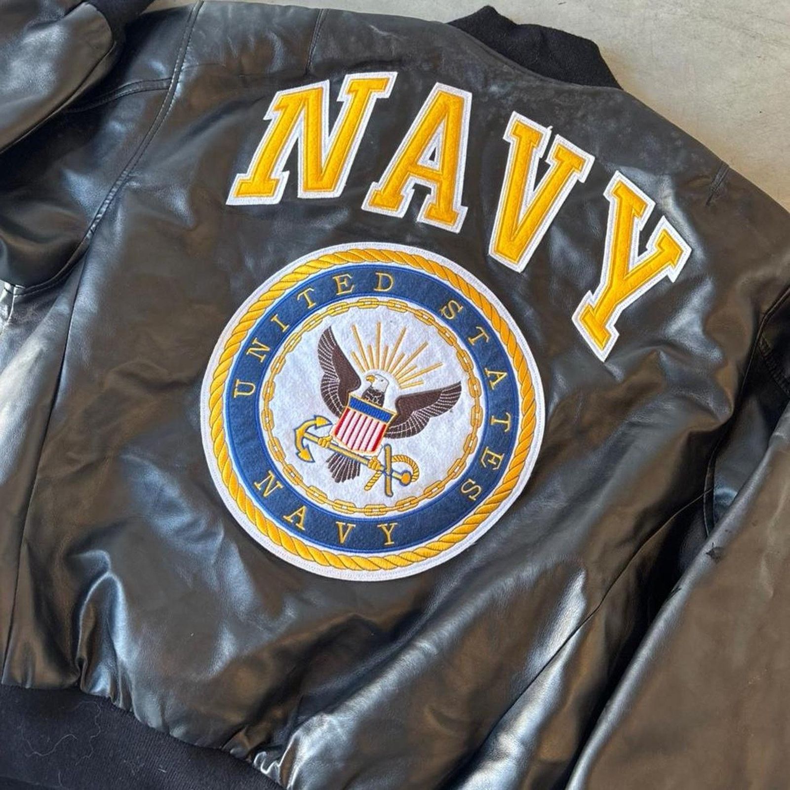 Other Y2k navy spellout embroidered leather bomber jacket Size US M / EU 48-50 / 2 - 4 Thumbnail